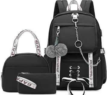 School Backpacks for Girls Backpack with Lunch Box Cute Kids Backpack for School Girls Teens Bookbag Set Black