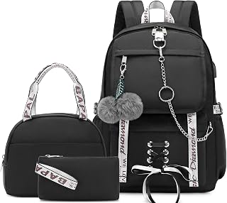 School Backpacks for Girls Backpack with Lunch Box Cute Kids Backpack for School Girls Teens Bookbag Set (Black)