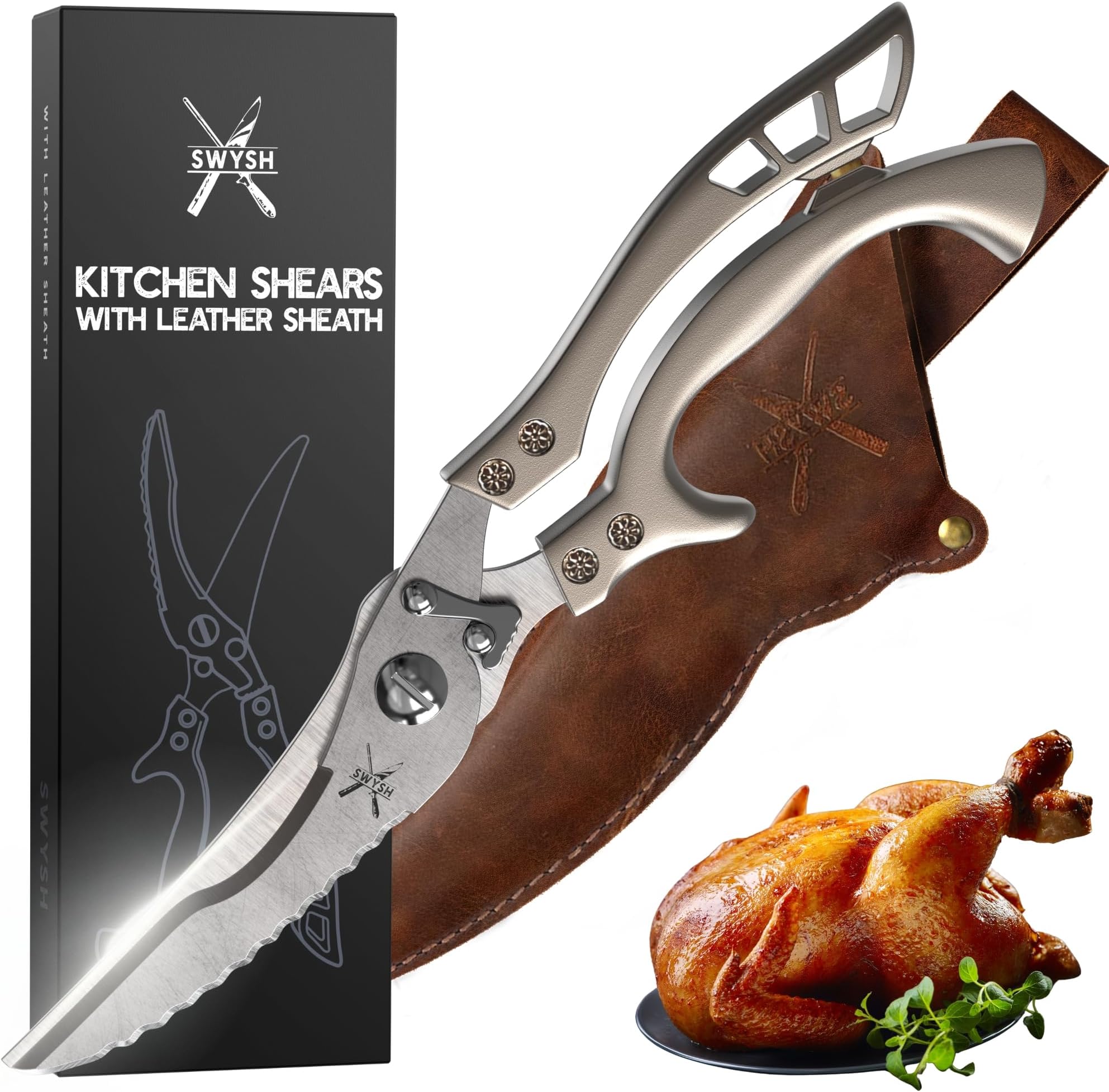 SWYSH Professional Kitchen Scissors with Leather Sheath – Poultry Shears for Meat Fish Veggies & More – Heavy Duty Kitchen Shears – Sharp Meat Cooking Scissors with Ergonomic Handle & Comfortable Grip