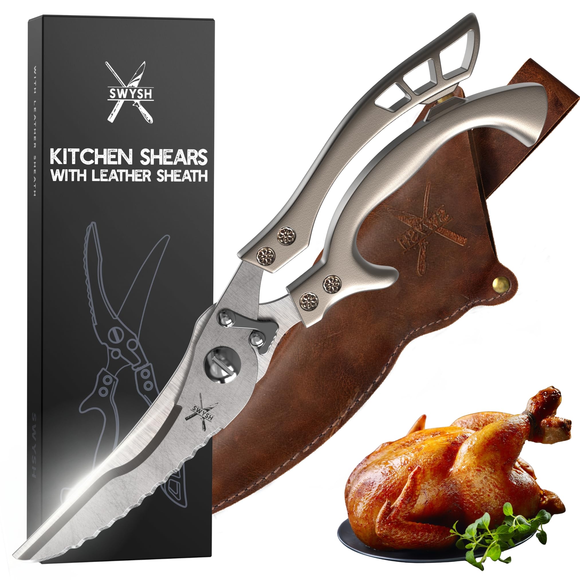 SWYSH Professional Kitchen Scissors with Leather Sheath – Poultry Shears for Meat Fish Veggies & More – Heavy Duty Kitchen Shears – Sharp Meat Cooking Scissors with Ergonomic Handle & Comfortable Grip