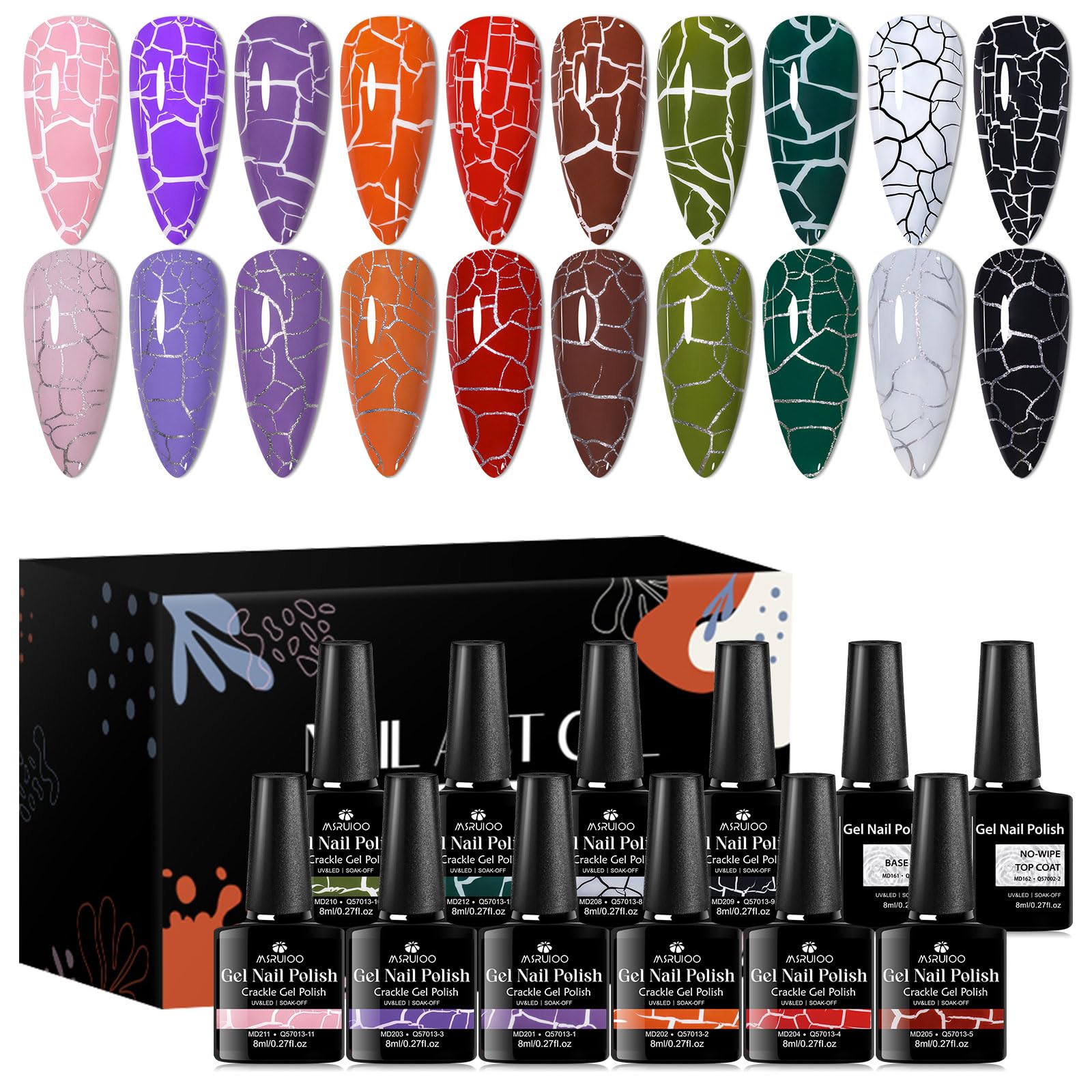 MSRUIOO 12PCS Crackle Gel Nail Polish Set Magic Gel Polish Kit Unique Variegated Cool Crackle Pattern Cracked Nail Polish, UV Lamp Needed 10 Colors