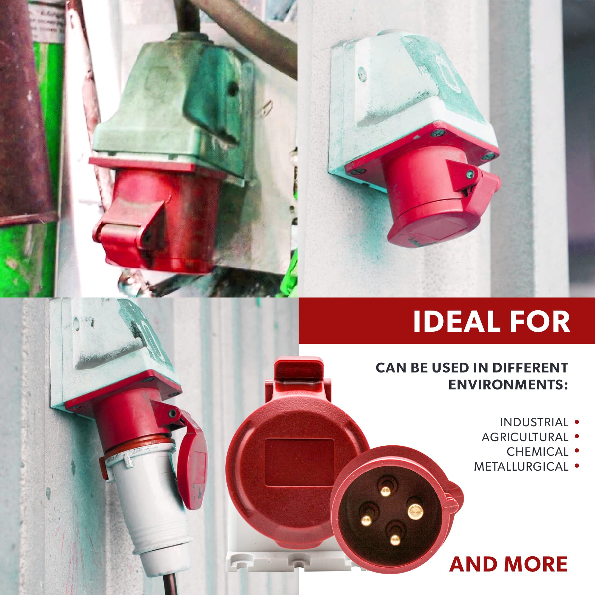 DOJA Industrial | PACK BASE PARED HEMBRA Y ENCHUFE TRIFASICO INDUSTRIAL 380 MACHO | 32A - 3P+T (4 Polos) | Base Mural Cetac Hembra + Toma Corriente de 4 Pines | Enchufe Caravana, Conector Camping