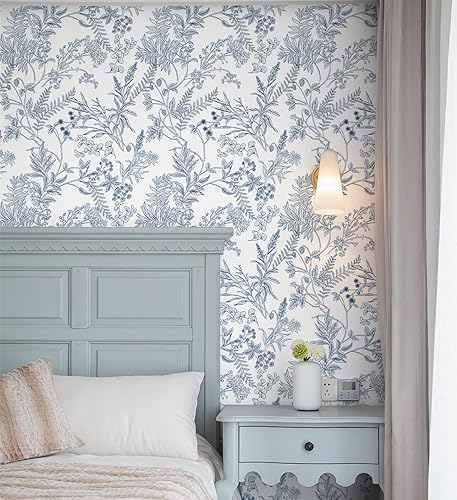 Papel tapiz para despegar y pegar, papel de pared floral azul y blanco para dormitorio, papel de contacto azul para gabinetes, papel tapiz