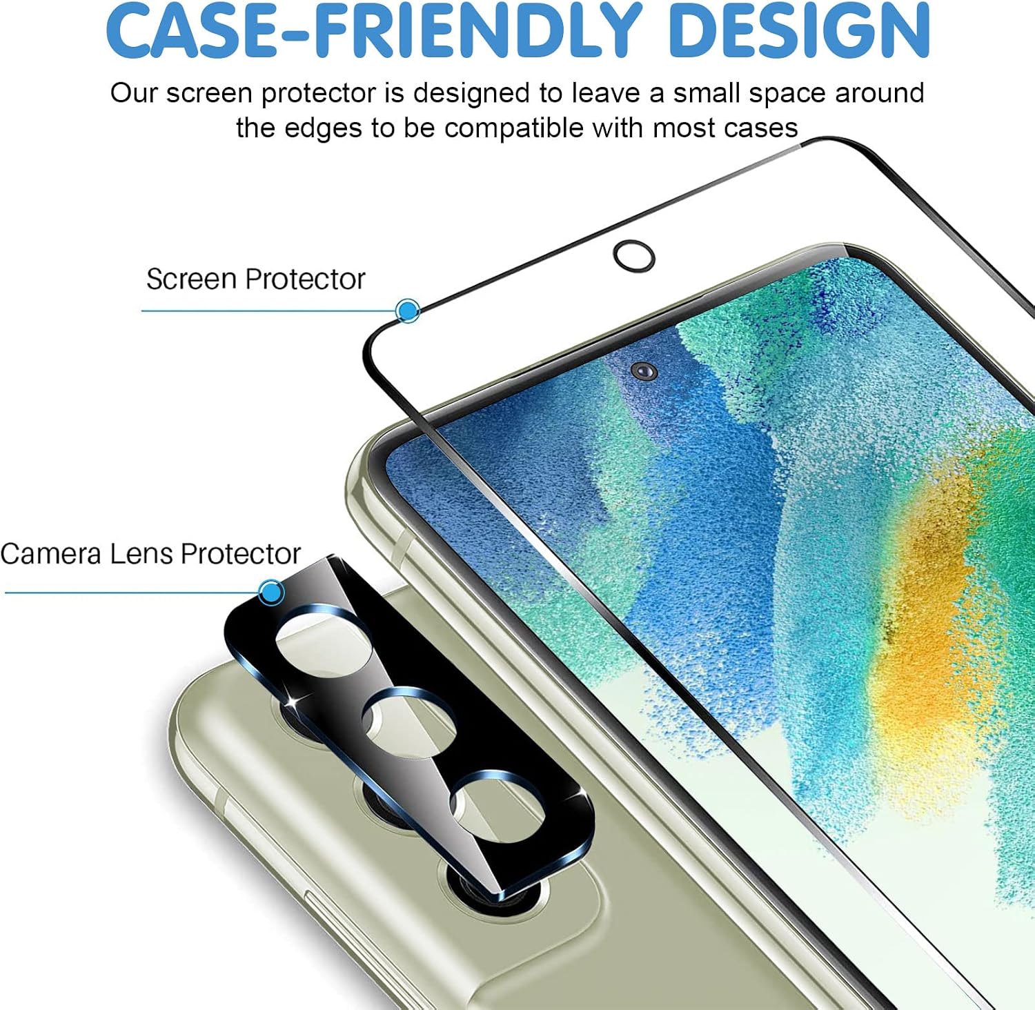 Arshek Galaxy S21 FE Screen Protector & Camera Protector, [3 Screen Protectors+3 Camera Protectors][Support Fingerprint] Tempered Glass Screen Protector for Samsung Galaxy S21 FE 5G