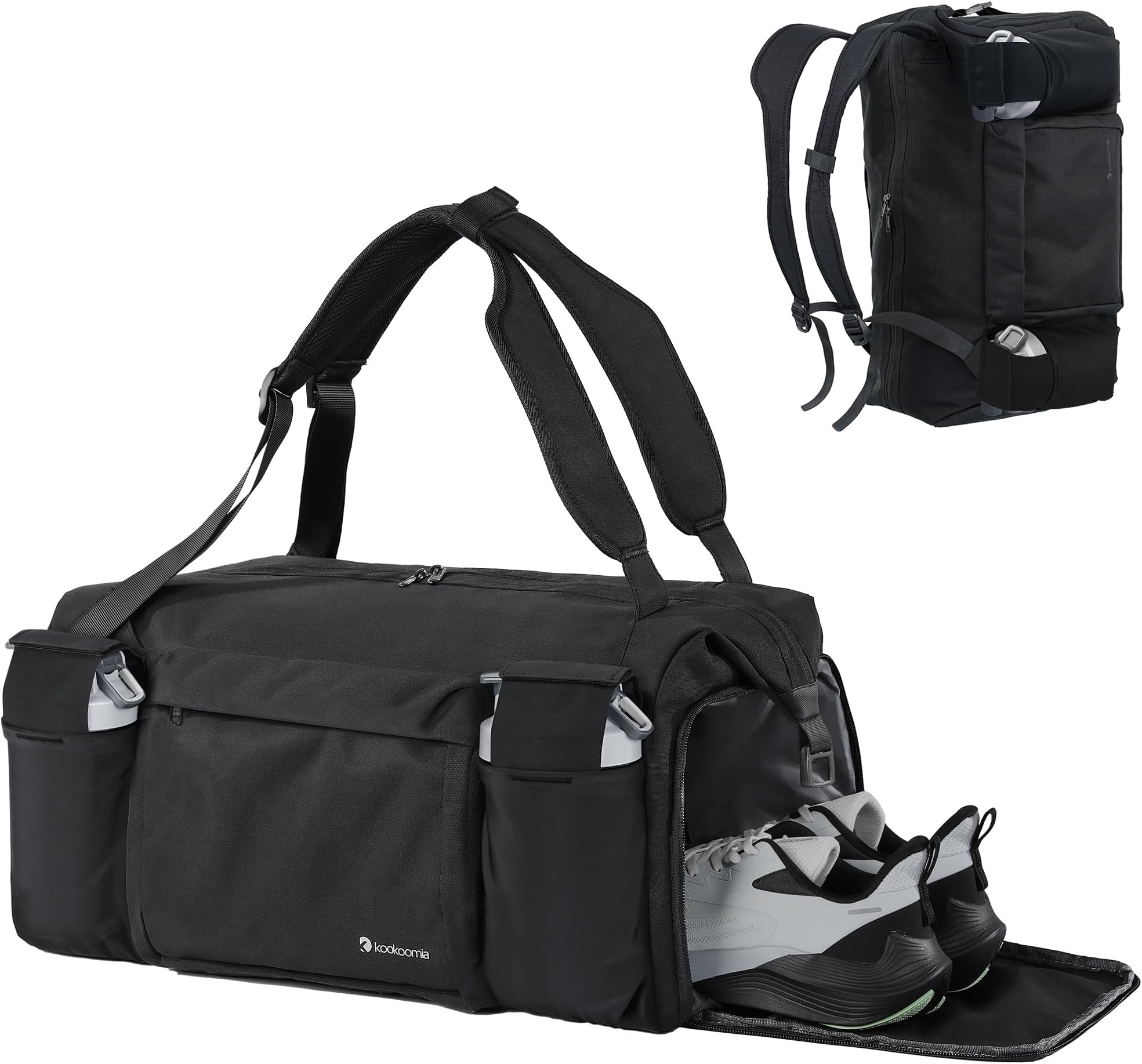 kookoomiaGym Bag with Shoes Compartment and Wet Pocket Convertible Duffle Bag and Gym Backpack Waterproof Sports Bag with 2 Upgraded Bottle Holders Weekender Overnight Backpack for Men - Black
