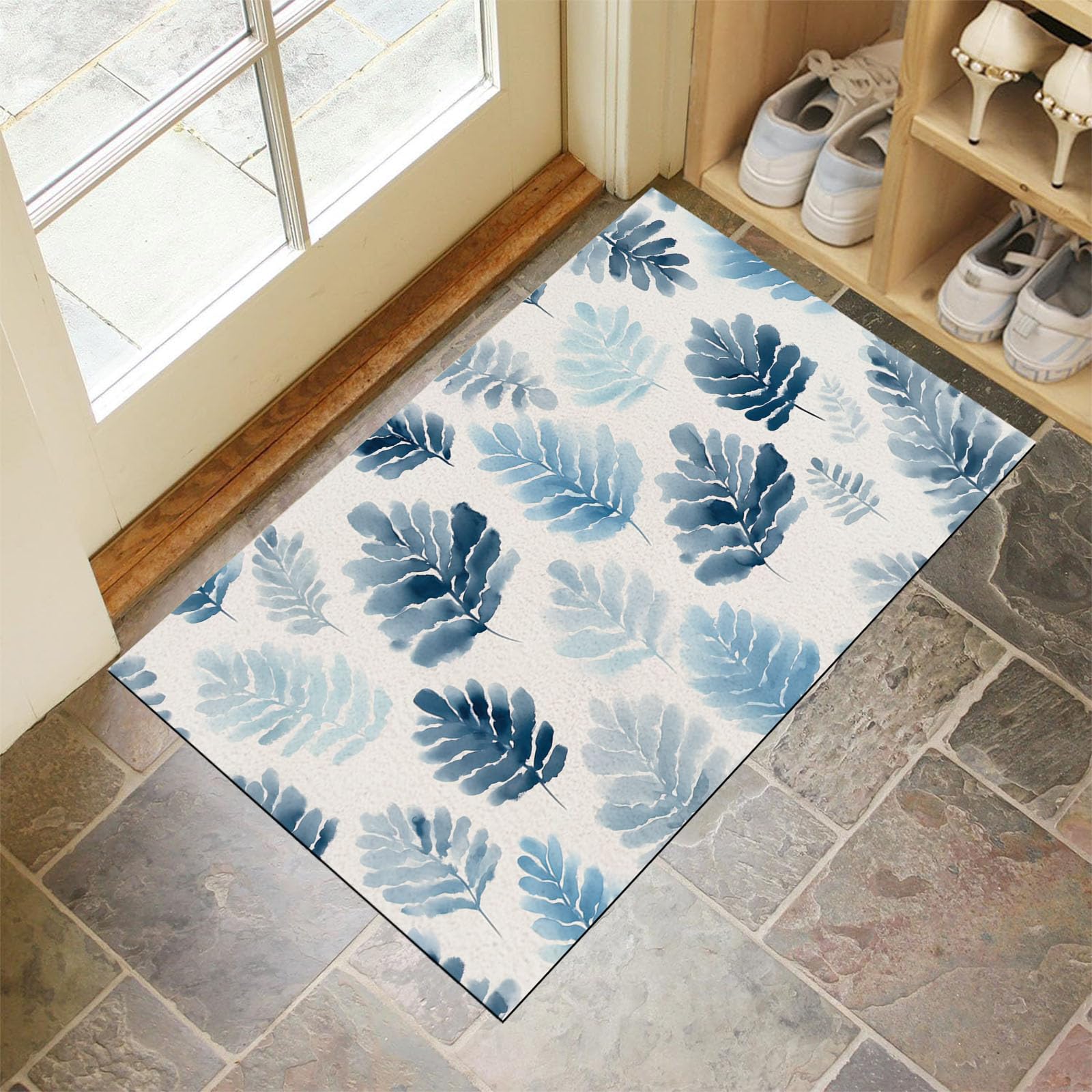 Tapis d'entrée bleu 80x120cm lavable imprimé feuilles de fougère