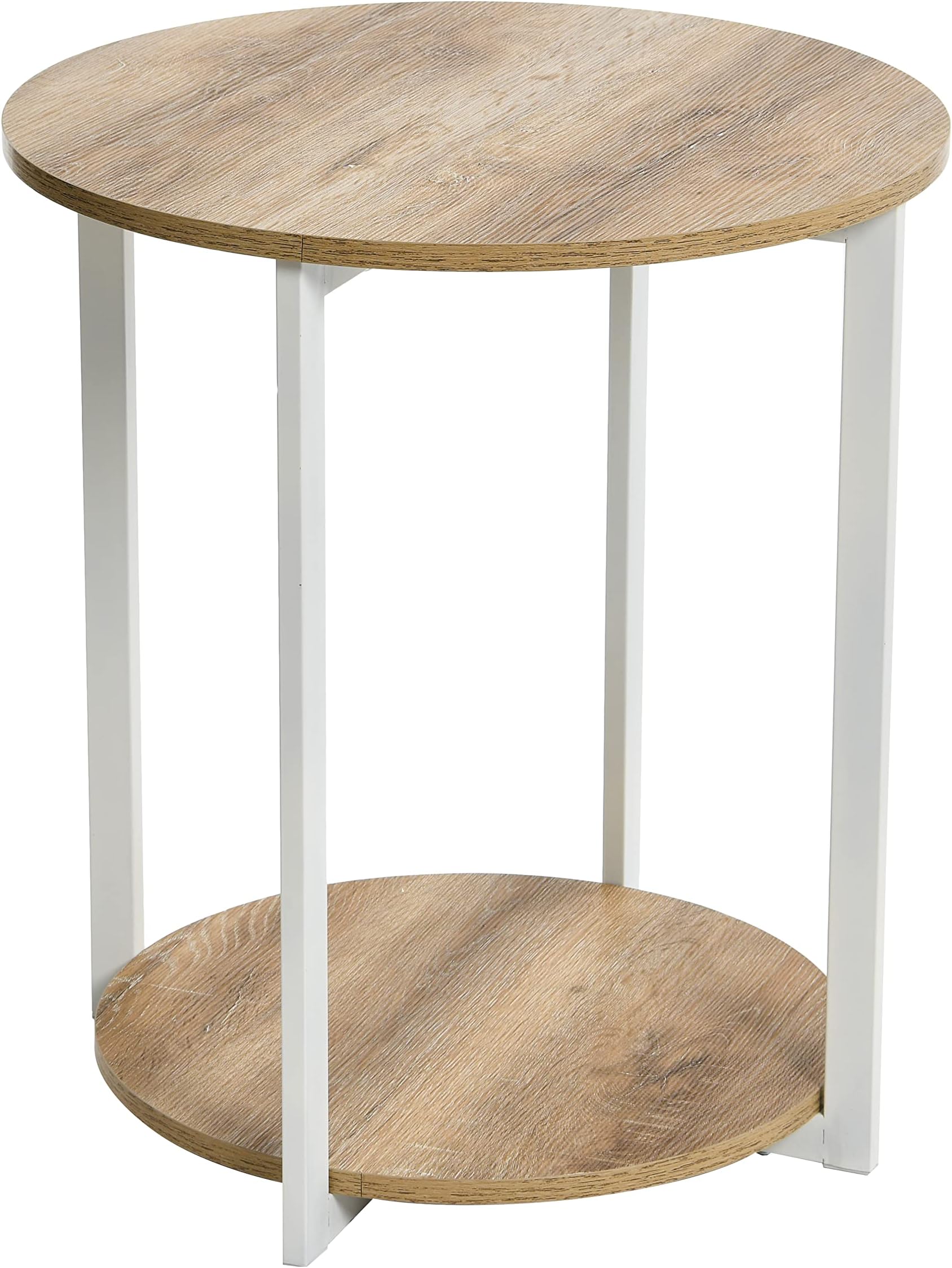 Household Essentials Jamestown Round Side End Table with Storage Shelf Coastal Oak Rustic Wood Grain and White Metal