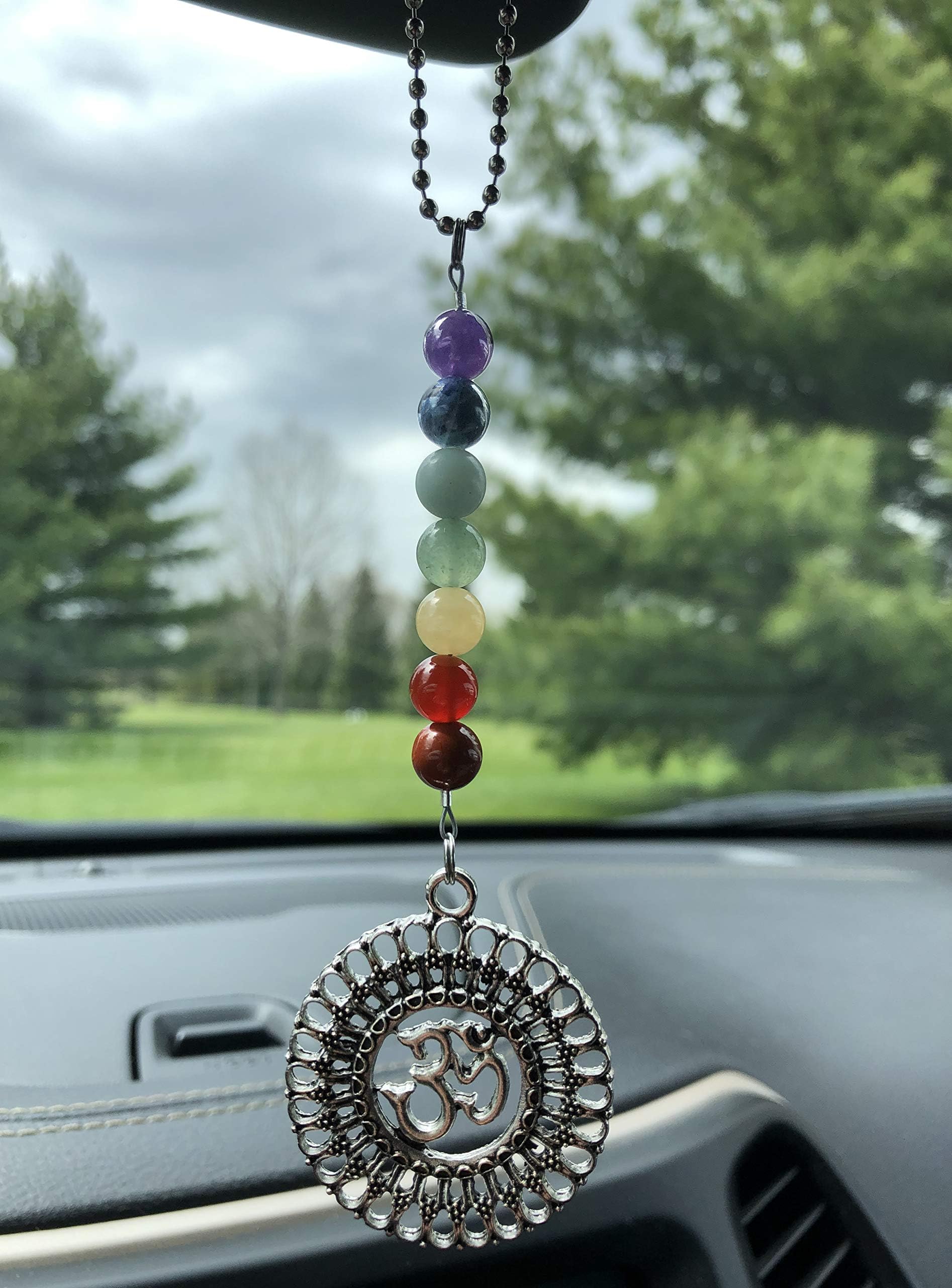 Om Aum Ohm Charm and 7 Chakra Gemstone Beaded Rear View Mirror Car Charm Hanging Ornament Car Interior Decoration Car Accessories Home Decor