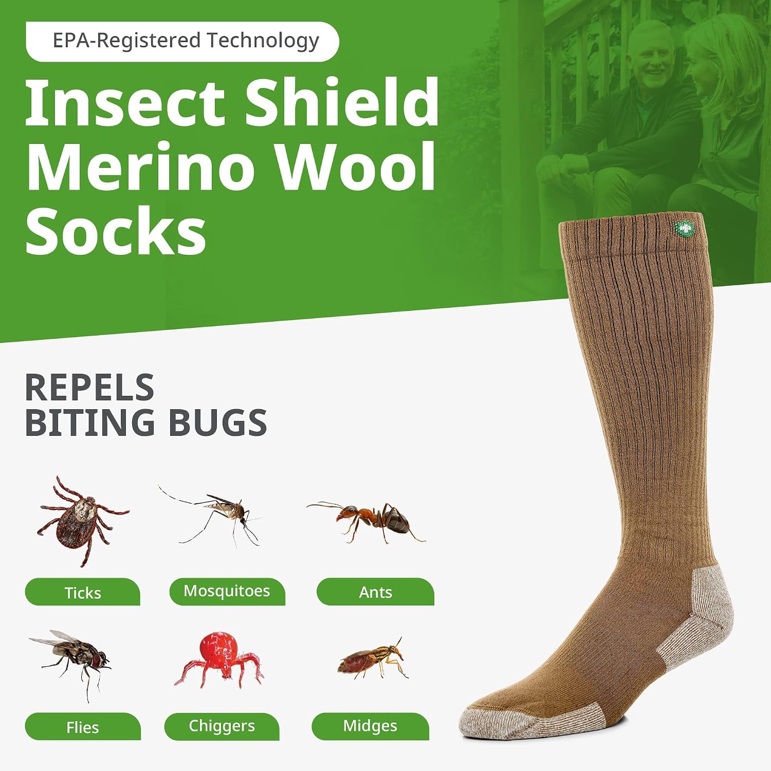 Insect Shield Merino Wool Hiking Socks, Stretchy and Comfortable Tall Boots Socks with Padding and Insect Protection