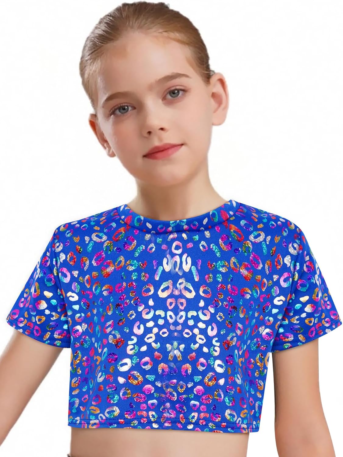 Kids Girls Cheerleading Performance Crop Top Shiny Short Sleeve Hip Hop Jazz Dance T-Shirt