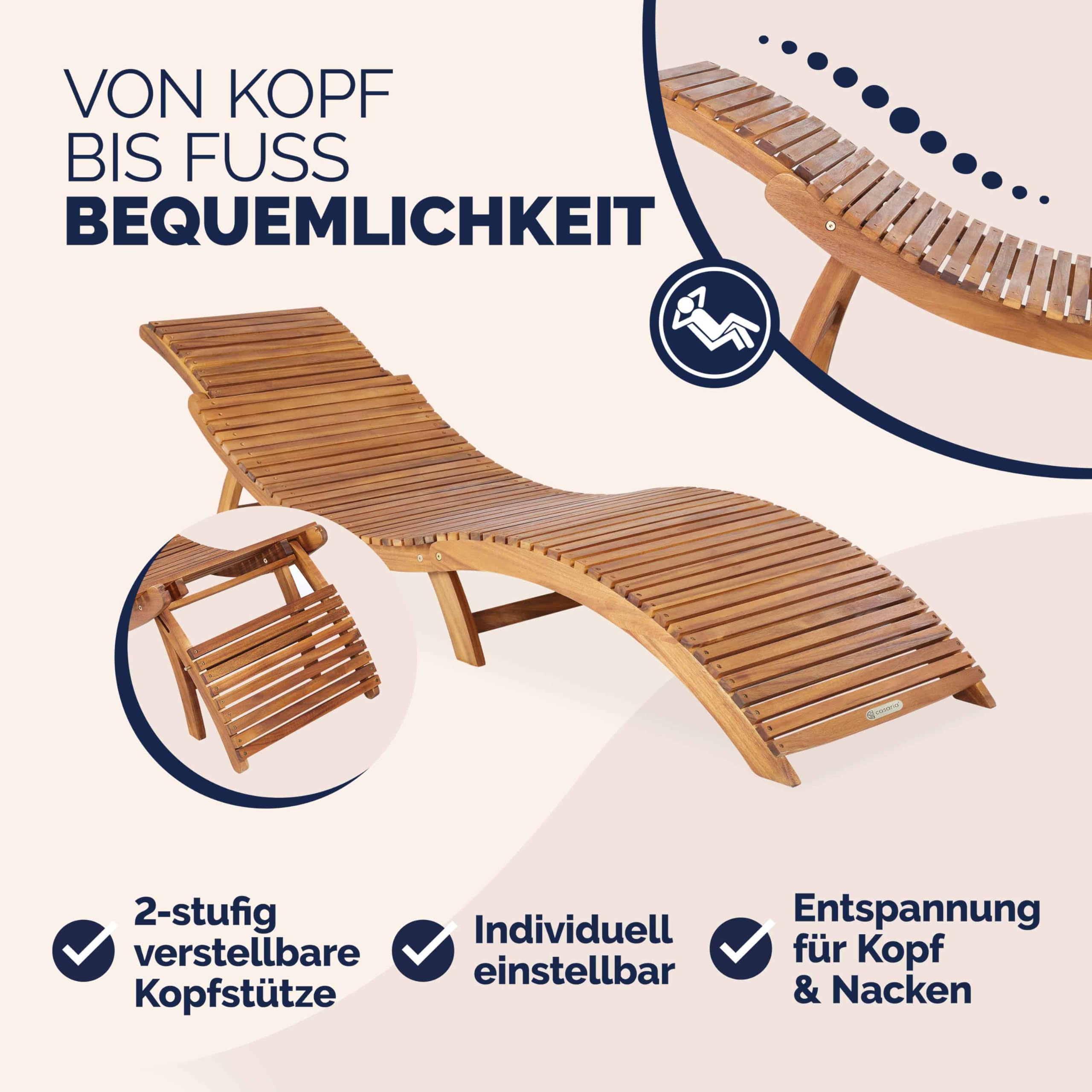 Casaria® Sonnenliege Klappbar Holz FSC®-Zertifiziert 320kg Belastbarkeit 190x60cm Tragegriff Kofferfunktion Garten Balkon Terrasse Gartenliege Klappliege Akazie