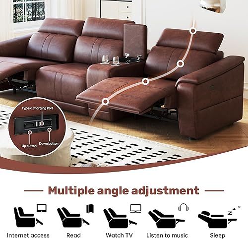 Miniatura 8 de Juego de sofá reclinable eléctrico, sofá seccional reclinable de 3 plazas con reposacabezas ajustable y reclinación eléctrica, cuero transpirable
