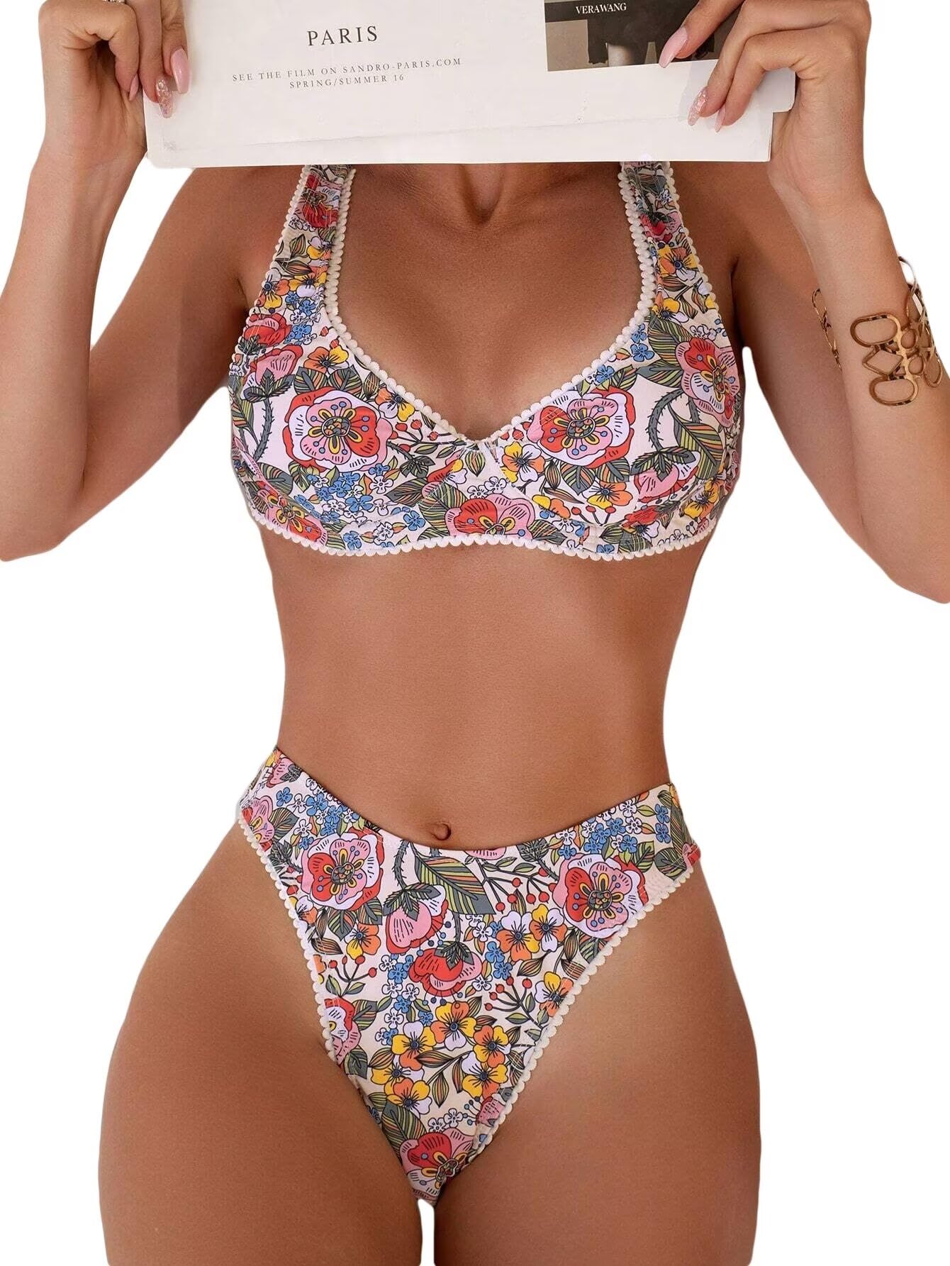 FalaineteeWomen's Floral Printed Bathing Suit High Waisted Knot Swimsuit Bikini Set