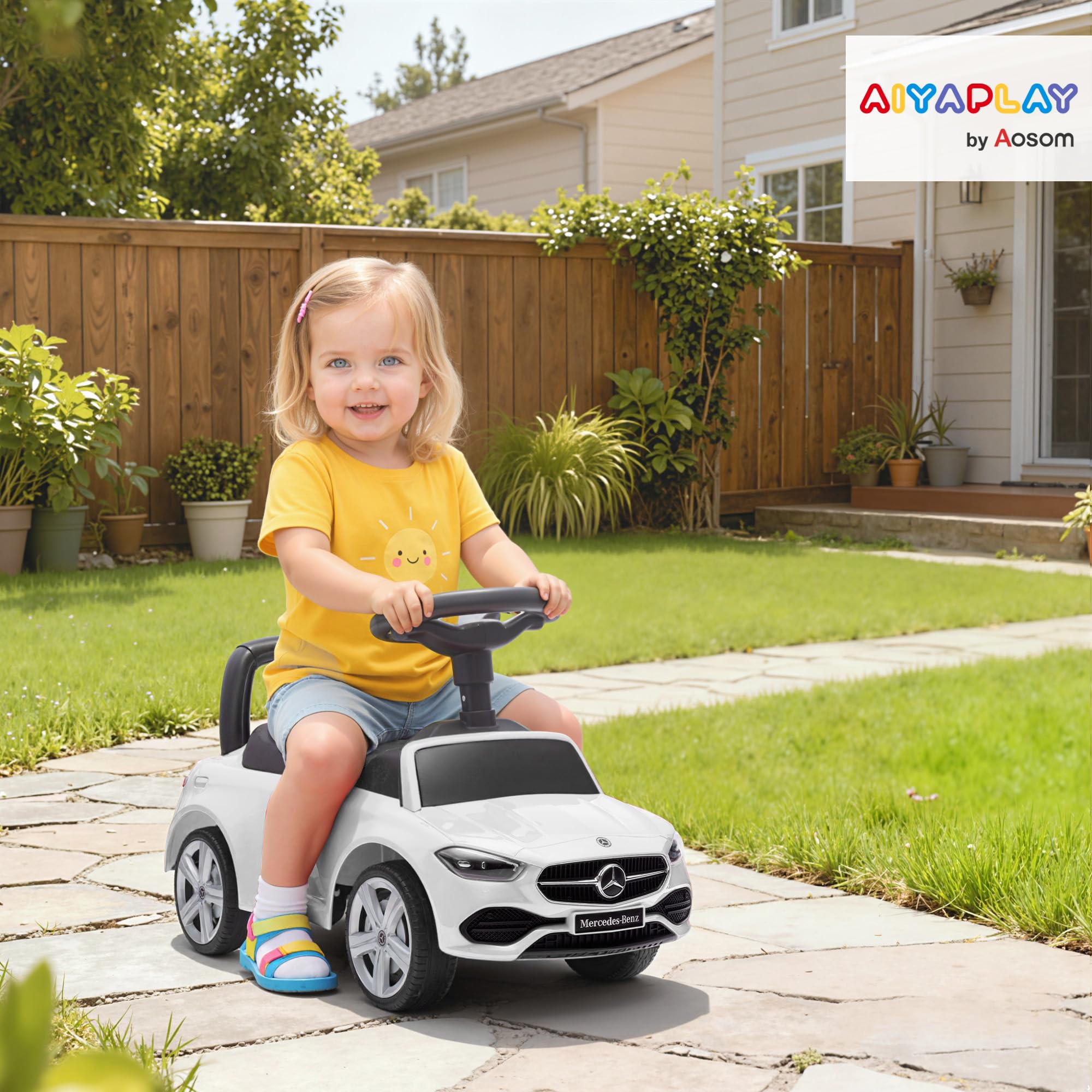 AIYAPLAY Mercedes-Benz C-Class Rutschauto, Rutschfahrzeug mit Hupe, Motorgeräuschen, Kinderfahrzeug mit Stauraum unter dem Sitz, für Kinder von 18-36 Monaten, Weiß