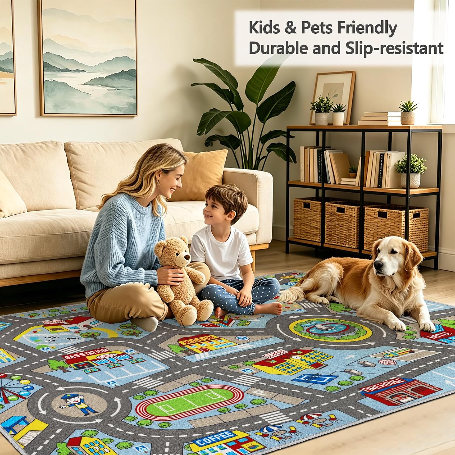 Kids Rug 6'6" x 5'0" City Life Playmat Area Rug Car City Map Washable Traffic Road Educational Learning Nursery Rug Carpet for Children Playroom Living Room Bedroom Classroom Decor Blue image 5