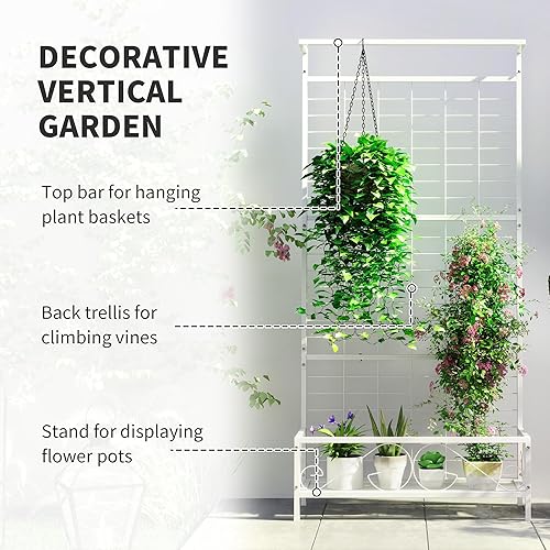 Miniatura 3 de Outsunny Soporte alto para plantas con enrejado y barra para colgar, soporte de metal para plantas trepadoras, flores, uso en interiores y