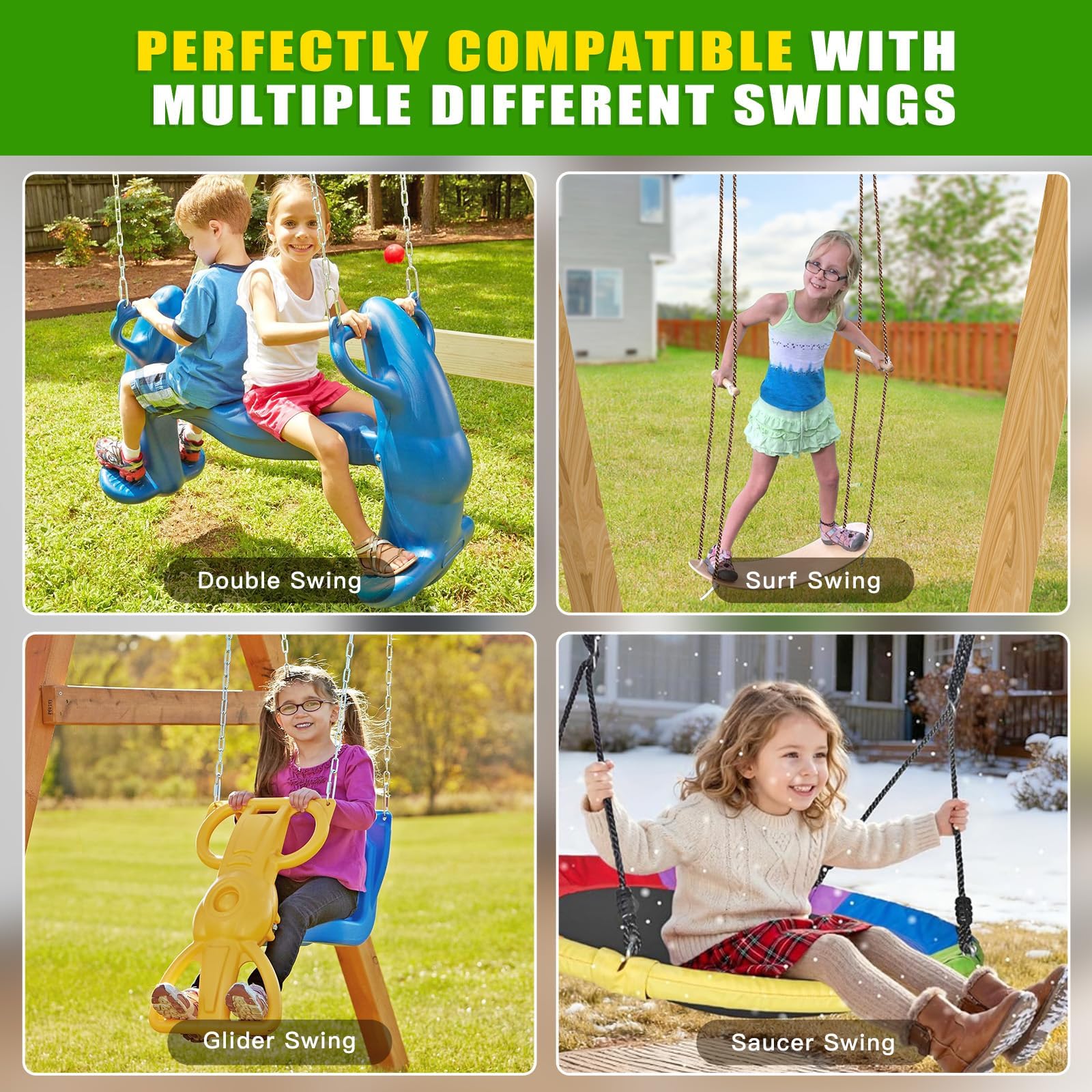 Dolibest Soportes de columpio deslizantes resistentes, soporte de columpio con soporte triangular reforzado y 8 agujeros para tornillos, incluye 2 mosquetones de acero inoxidable, accesorio de