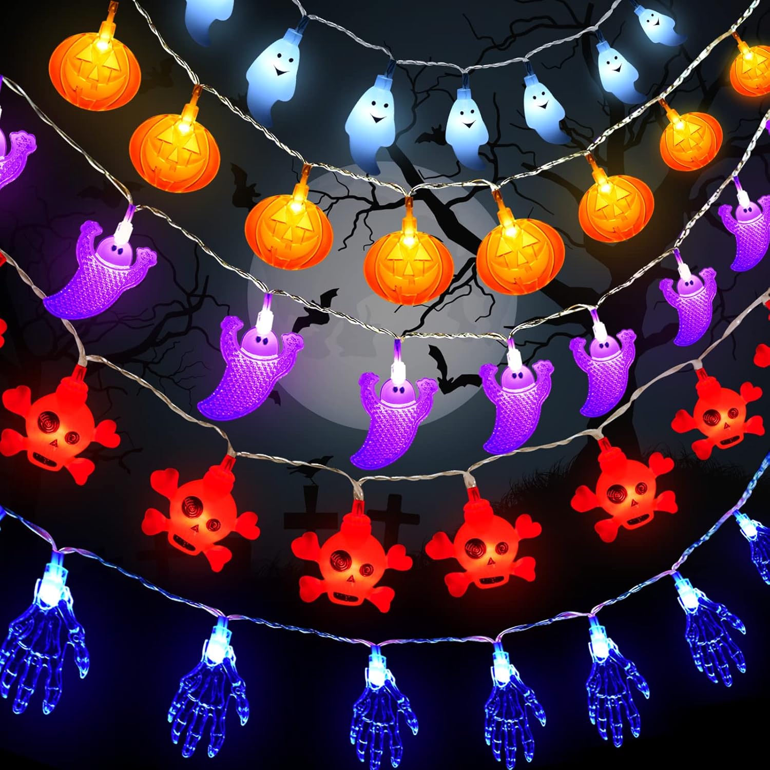 FORMIZON 5Pcs Luces de Cadena Halloween, Lámpara de Calabazas Fantasmas Murciélagos Luces de Cadena de 1.5m 10LED, Luces Decorativas de Fantasma para Fiesta de Halloween de Interiores y Exteriores