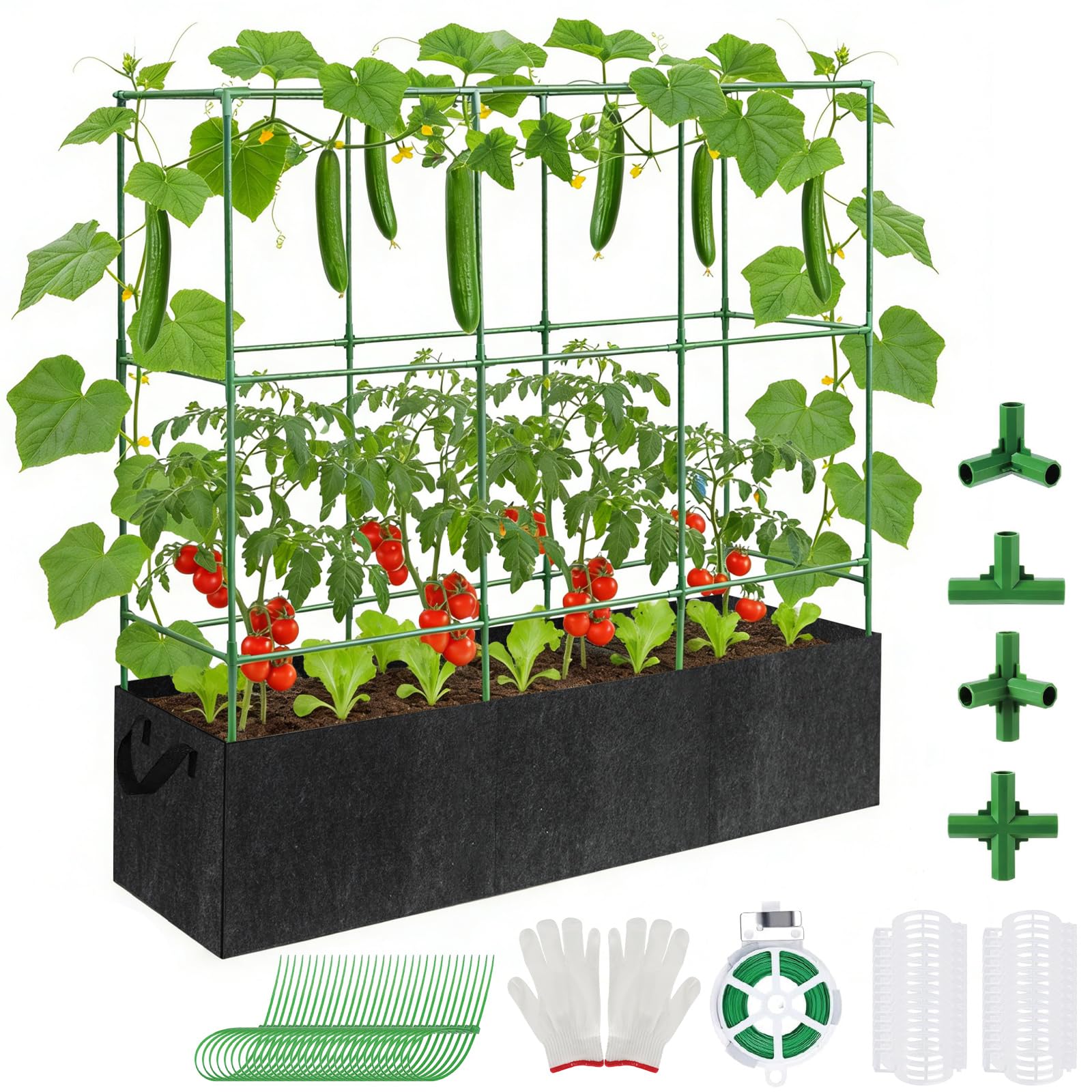 Trellis for Climbing Plants, 51x17x65 Inch Tomato Cages Plant Support with 46 Gallon Grow Bags, Garden Stakes Rectangular Raised Beds for Garden Outdoor Vine Cucumber (High: 165CM)