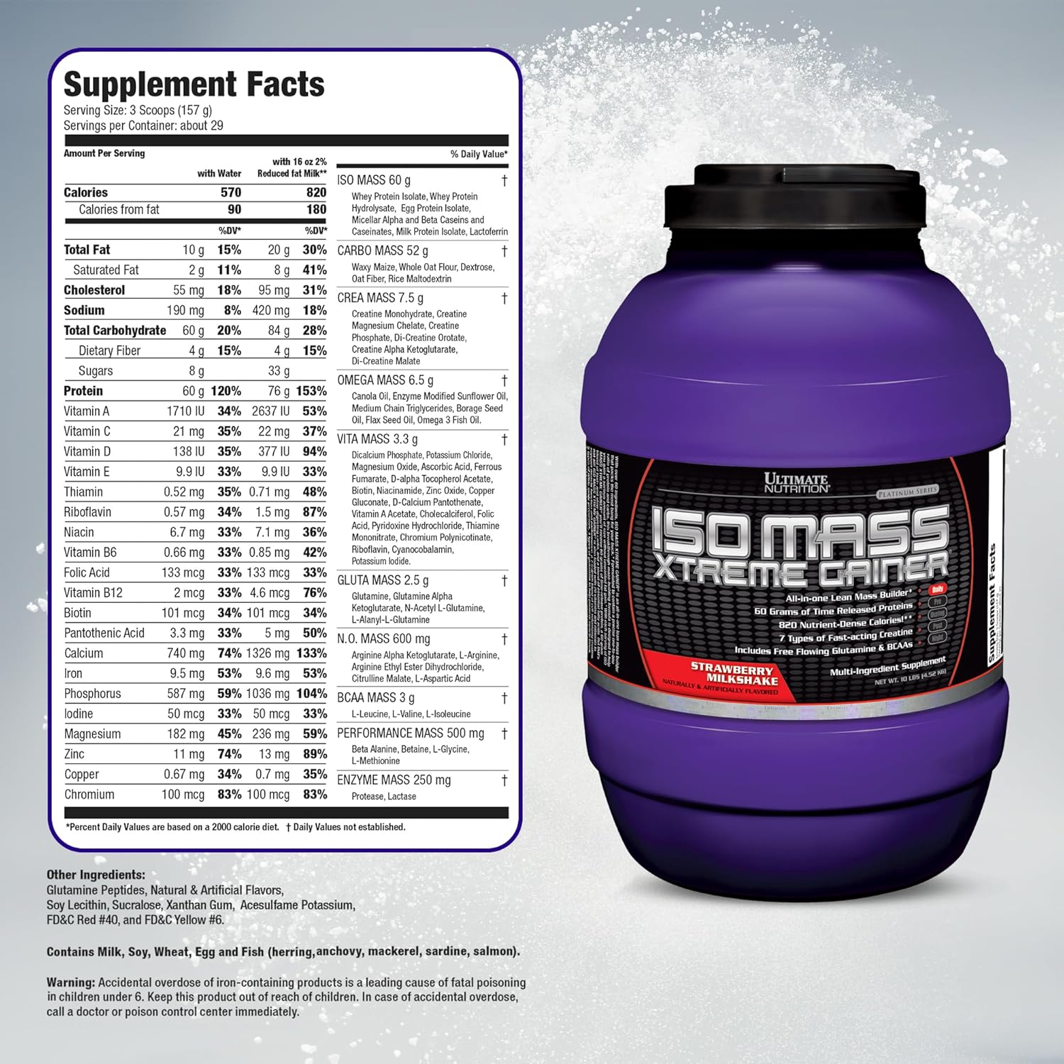 Ultimate Nutrition ISO Mass Xtreme Gainer - High-Calorie Mass Gainer with Creatine & Whey Isolate Protein Powder for Weight Gain, Lean Muscle Mass, Bulk Supplement - Strawberry Milkshake, 10lbs