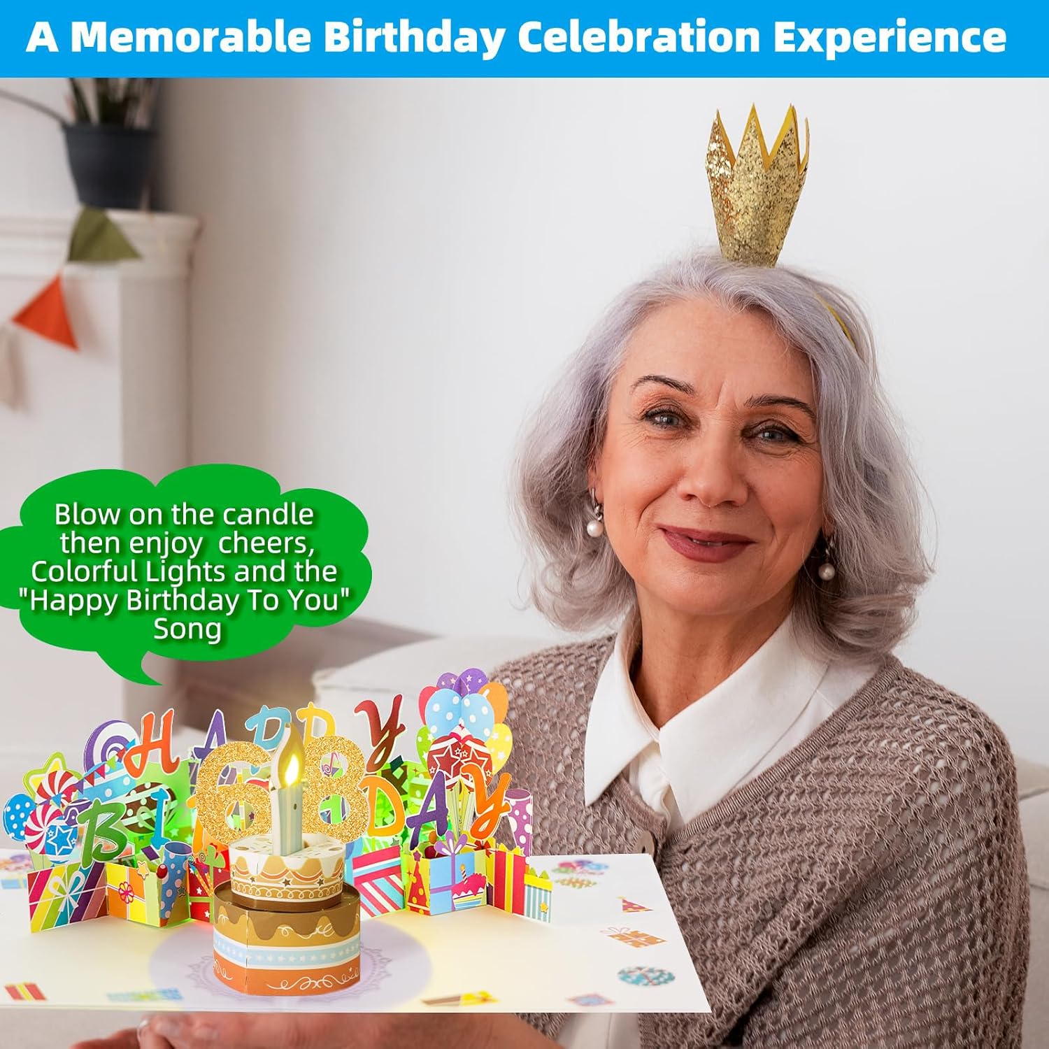 Gumry 68TH Musical Birthday PopUp Card, Blowable Colorful Light Candle 3D Cards with Song, Applause Cheers Sound, Greeting Cards Birthday Gifts Decorations for Women Men Turning 68 Years Old - Image 2