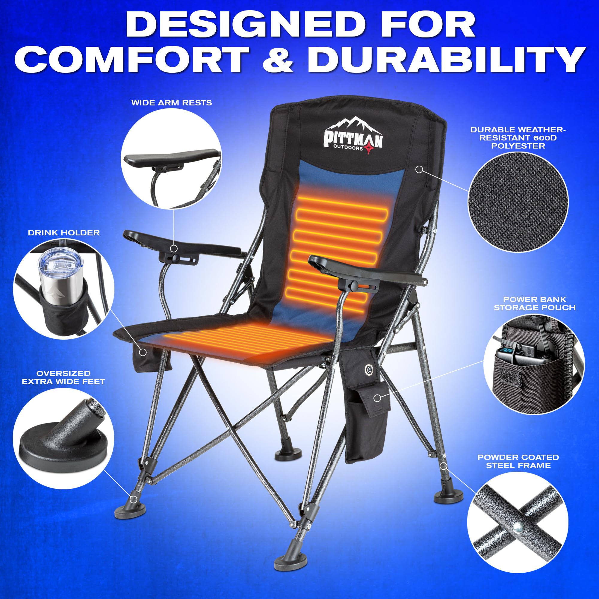 Pittman - Heated Camping Chair for Adults - The Perfect Heated Chairs for Outdoor Sports or Elevating Your Campsite. Heated Folding Chair Keeps You Warm on Cool Nights - Batteries Not Included