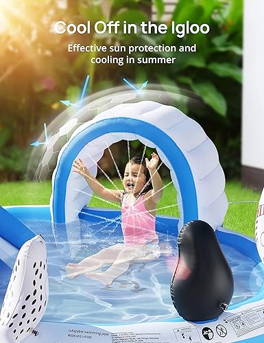 Vista 2 de EVAJOY - Centro de juegos inflable, piscina infantil con tobogán para niños, aspersor, tema de hielo y nieve con muñecas inflables, fácil