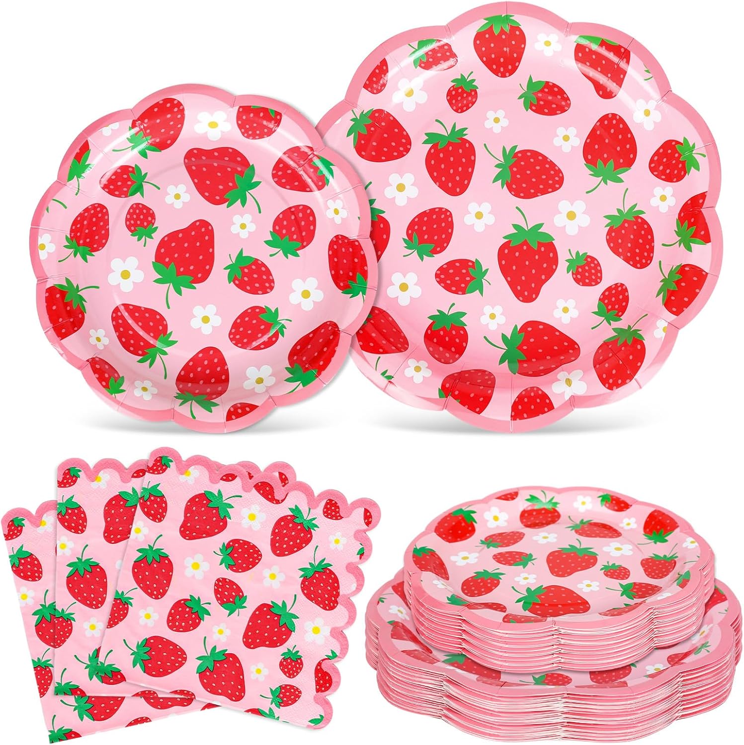 Whaline 72 Pcs Strawberry Scalloped Tableware Set Pink Red Strawberry Flower Disposable Plates and Paper Napkins for 24 Guests Summer Fruit Birthday Baby Shower Party Table Supplies