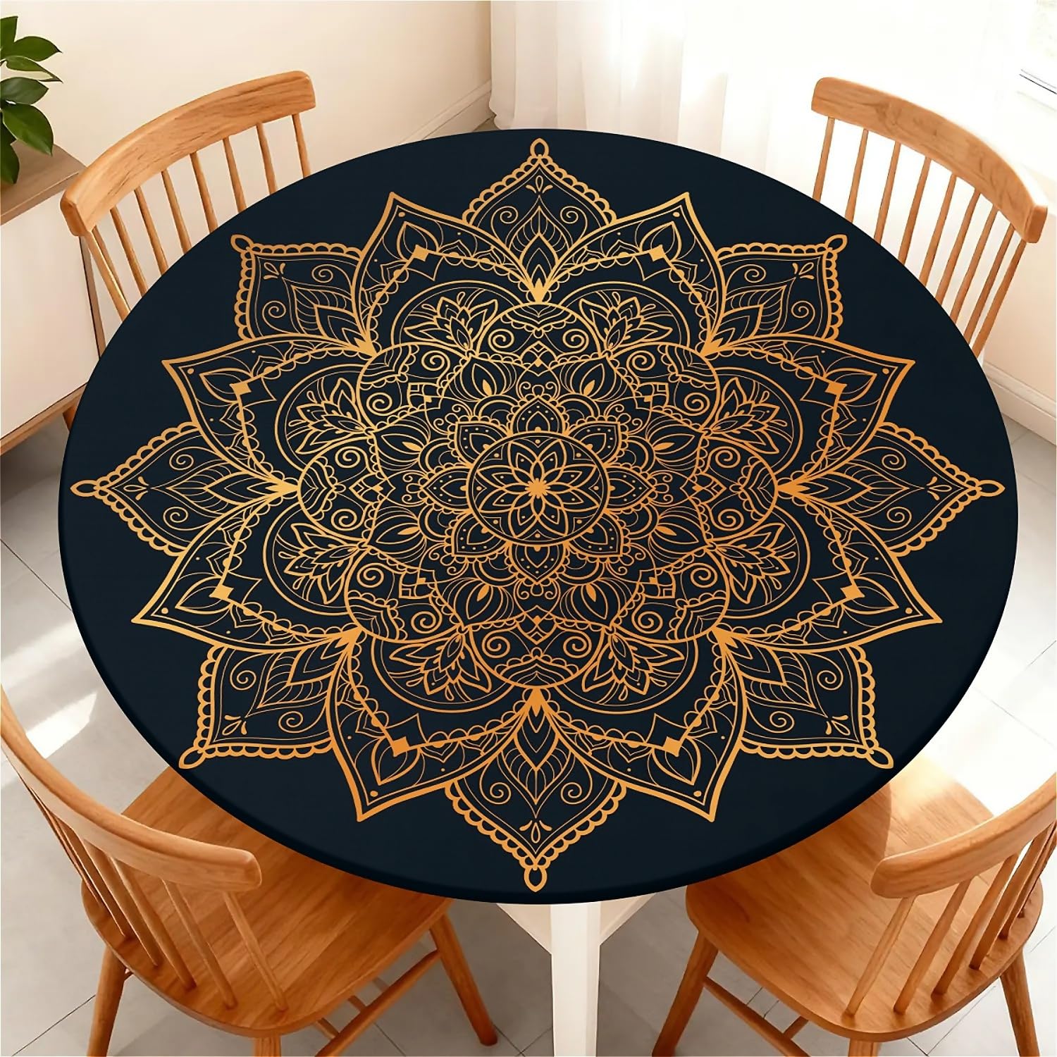 Photo 1 of Round Fitted Tablecloth with Elastic Edge, Waterproof Stain Resistant Fabric Table Cover for 45"-48" Round Table, Indoor Outdoor Dining, Kitchen Decor, Camping, Party, Holiday, Golden Mandala