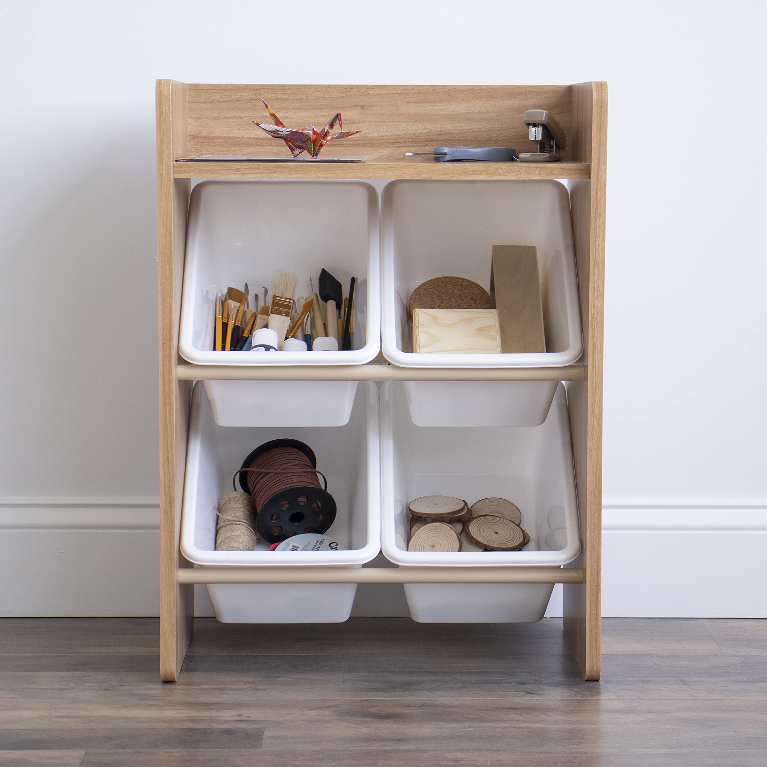 HumbleCrew Scaffale Bambini Compatto: Organizer Giocattoli con 4 Contenitori, Design Naturale/Bianco Elegante, Ideale per Camerette Stile e Ordinate