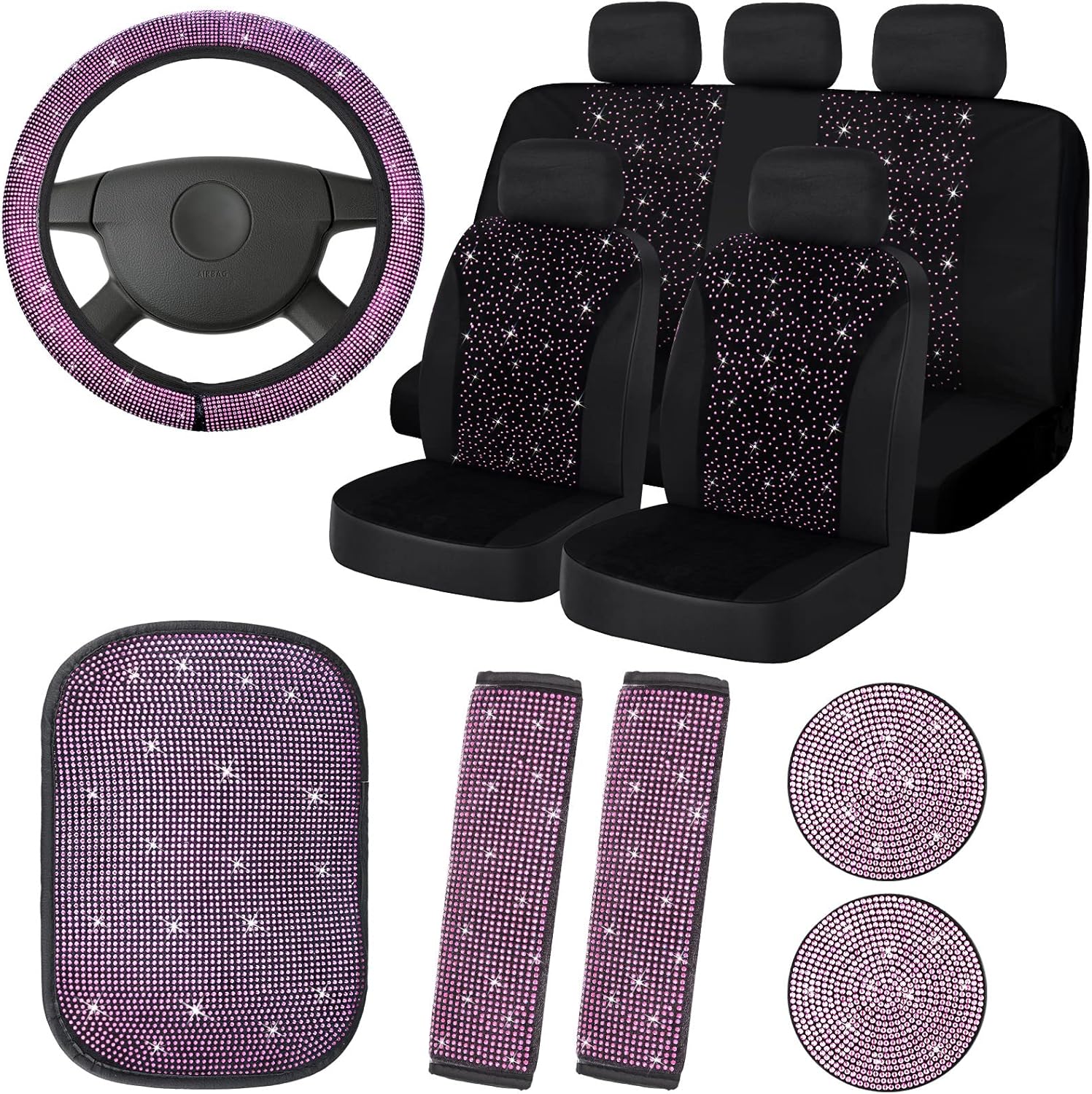 15 Pcs Bling Velvet Fabric Car Seat Covers Full Set Black