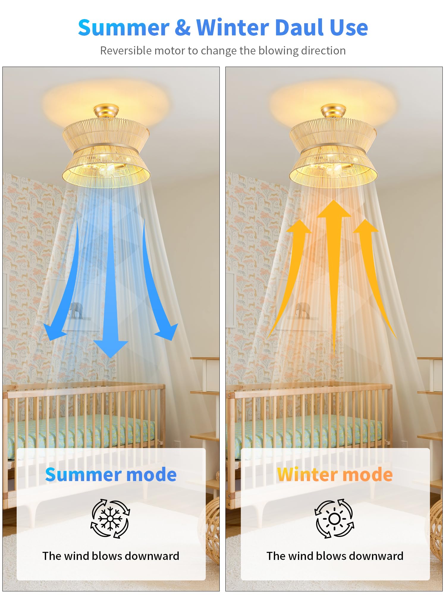 MizWacky Gold Crystal Fandelier Ceiling Fans with Lights, 20" Gold Flower Chandelier Ceiling Fan with Light Remote Control, Caged Mid-Century with 6 Speeds for Bedroom, Nursery, Living Room