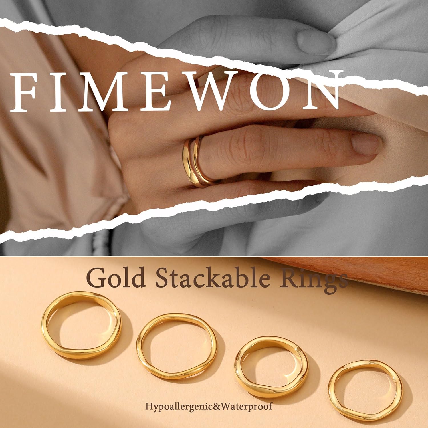 Gold Rings for Women Non Tarnish 14K Gold Plated Stackable Ring Set Simple Trendy Wave Rings Birthday Gifts for Mom Waterproof Gold Jewelry Size 5-10 - Image 2