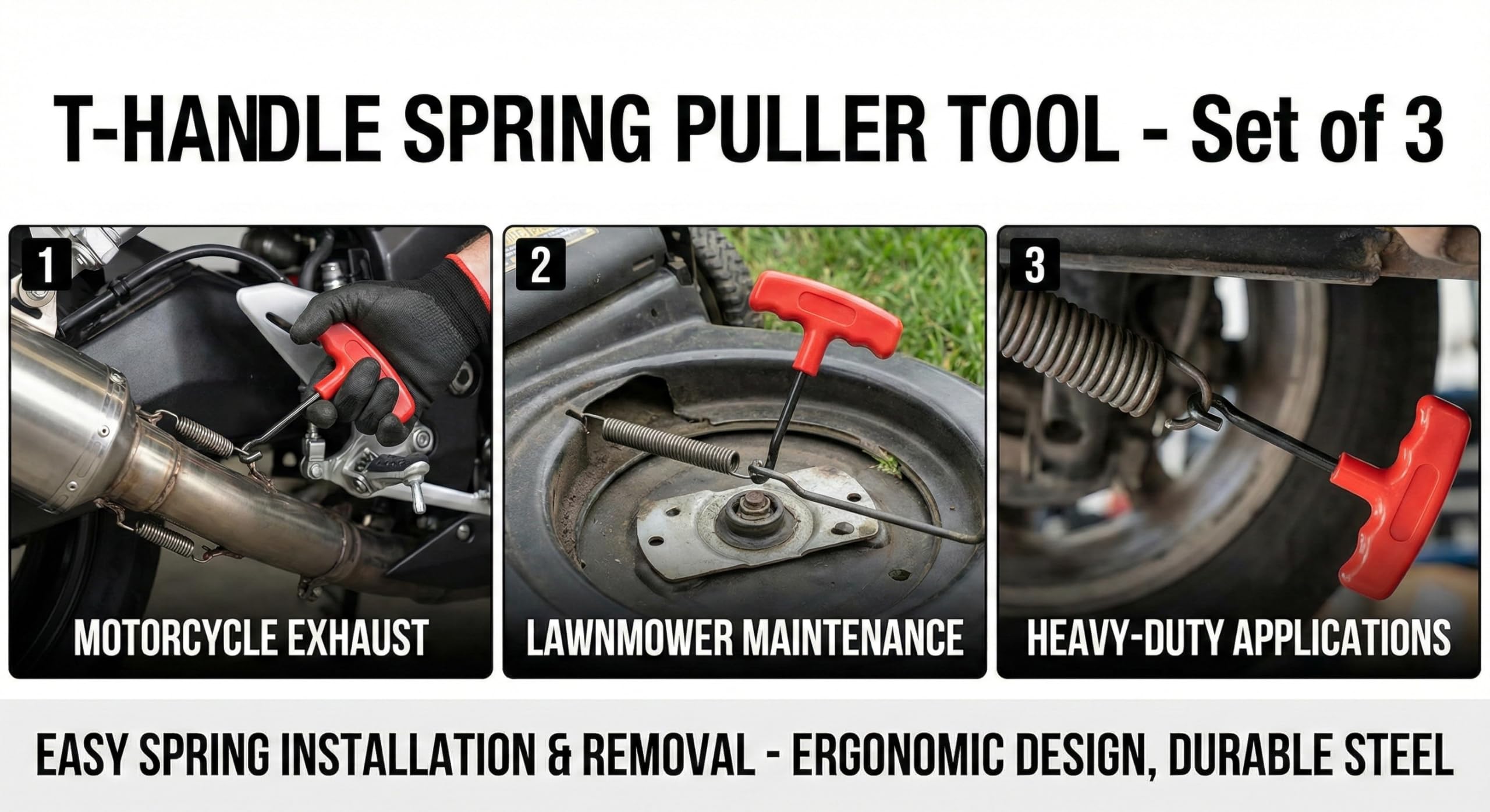 3 Pezzi Tira Molle Gancio a T per Trampolino Moto Scooter Decespugliatore, Strumento per Smontaggio Molle in Acciaio Alta Resistenza, Manico Antiscivolo Ergonomico Portatile