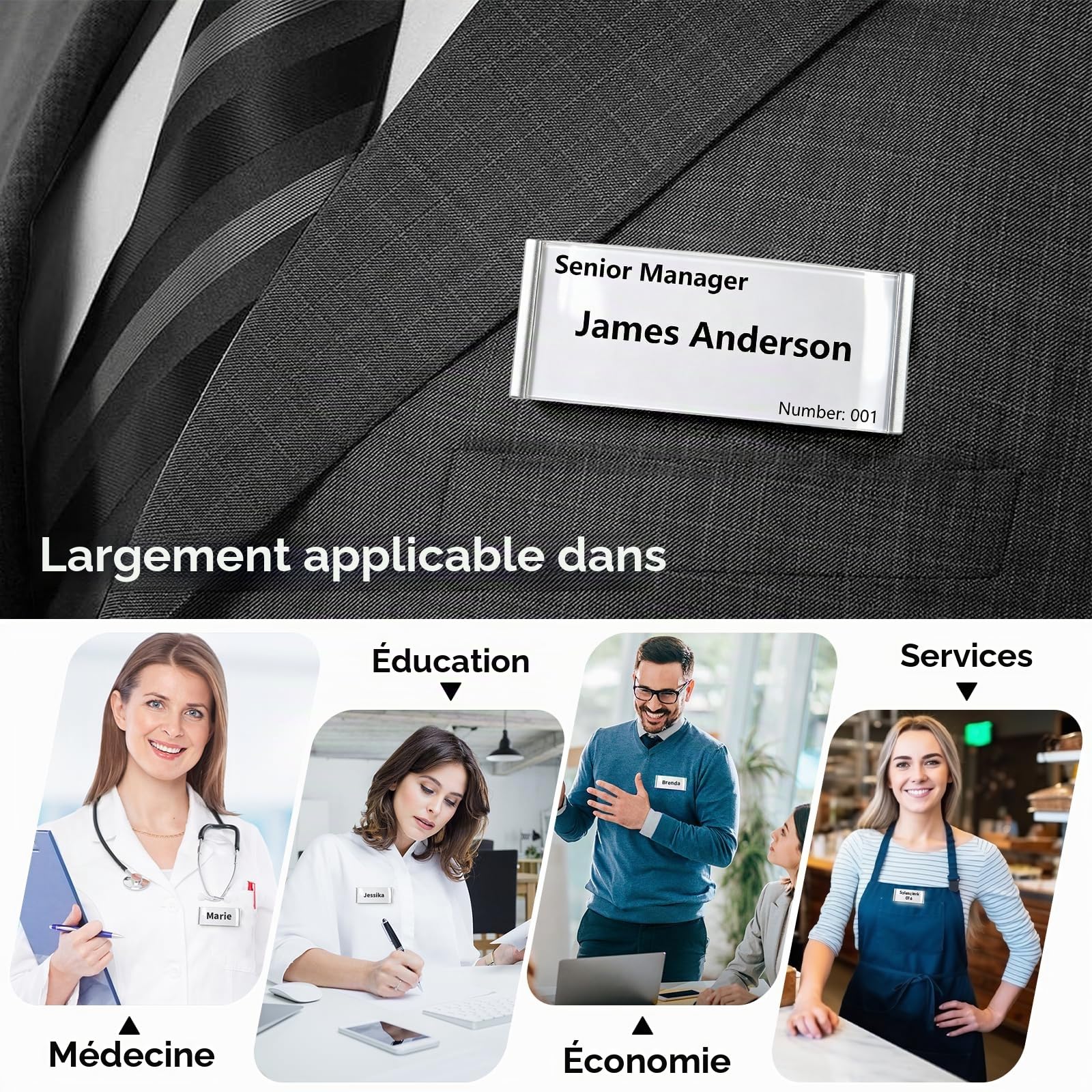 15 Badge Aimanté - Badges Nominatifs Magnétiques Pour Vêtements - Avec Double Aimant Puissant - Avec Fente en Papier - Environ 75 x 32mm (En Aluminium/Argenté)