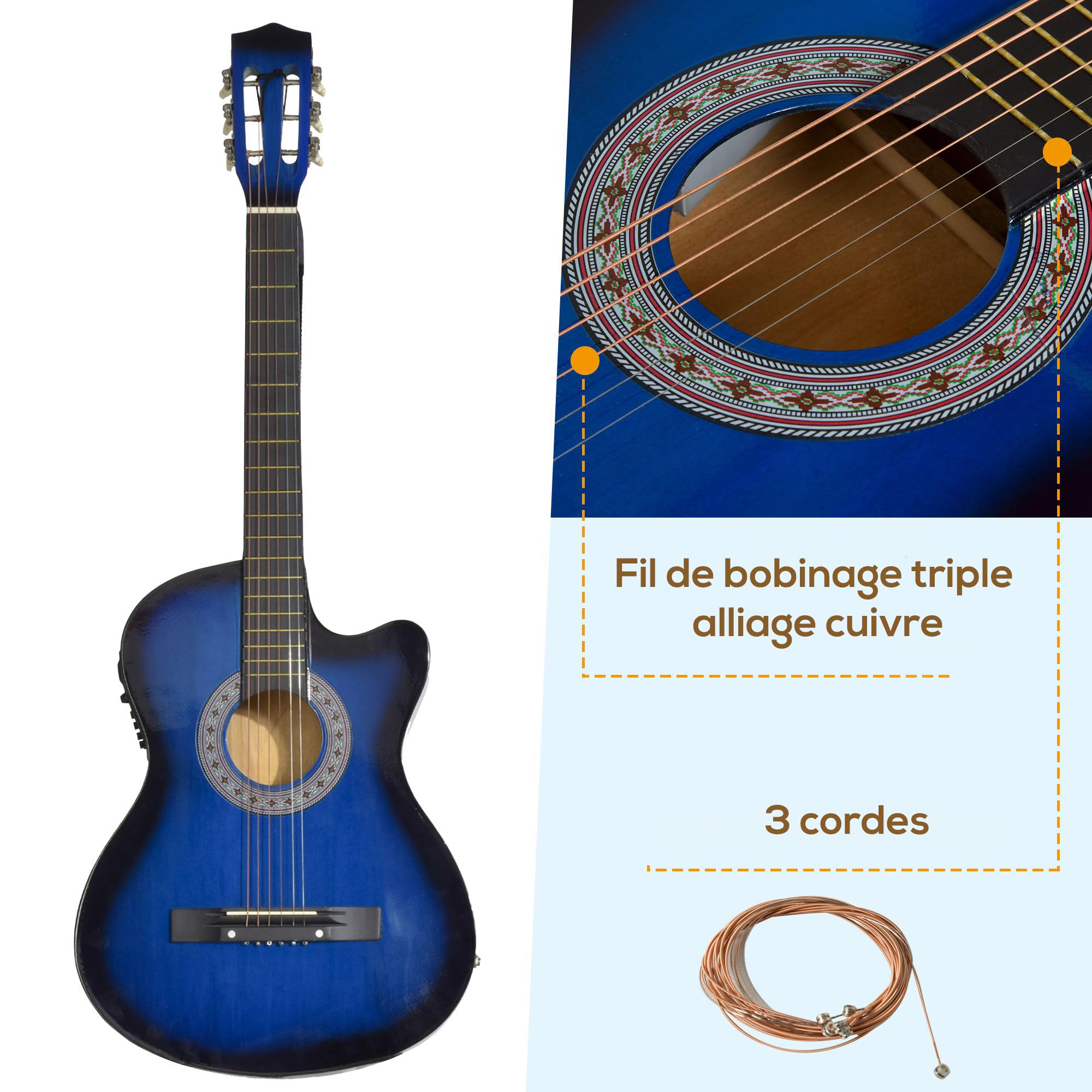 HOMCOM Chitarra elettroacustica kit con custodia tracolla corde plettri cavo blu nero