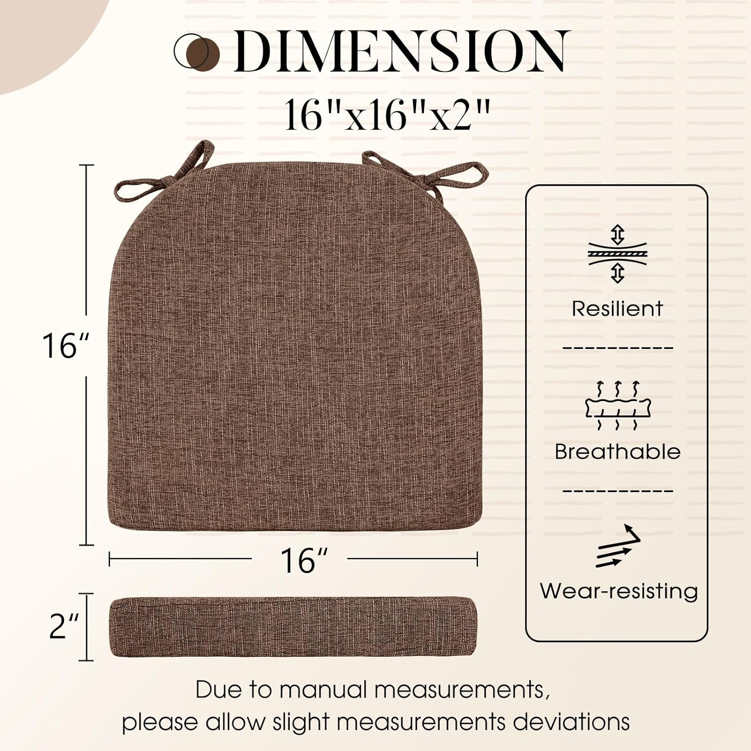 basic beyond chair cushions for dining chairs 6 pack, kitchen chair cushions with ties and non slip backing, 16 x 16 inches chair pads for dining chairs (brown) brown 16"x16"x2"(pack of 6)