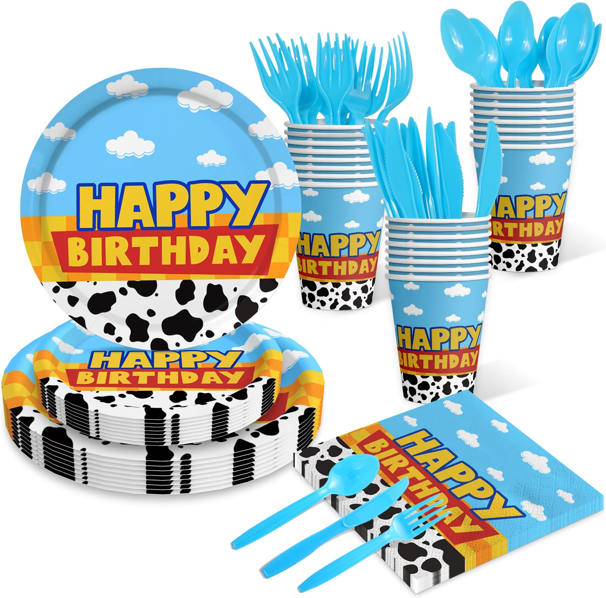 175Pcs Cartoon Birthday Party Supplies Cow Print Birthday Party Decorations Cartoon Plates and Napkins Tableware Set Blue Cloud Cow Print Party Supplies Kids 1st 2nd 3rd 4th Party Decor