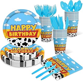 175Pcs Cartoon Birthday Party Supplies Cow Print Birthday Party Decorations Cartoon Plates and Napkins Tableware Set Blue Cloud Cow Print Party Supplies Kids 1st 2nd 3rd 4th Party Decor