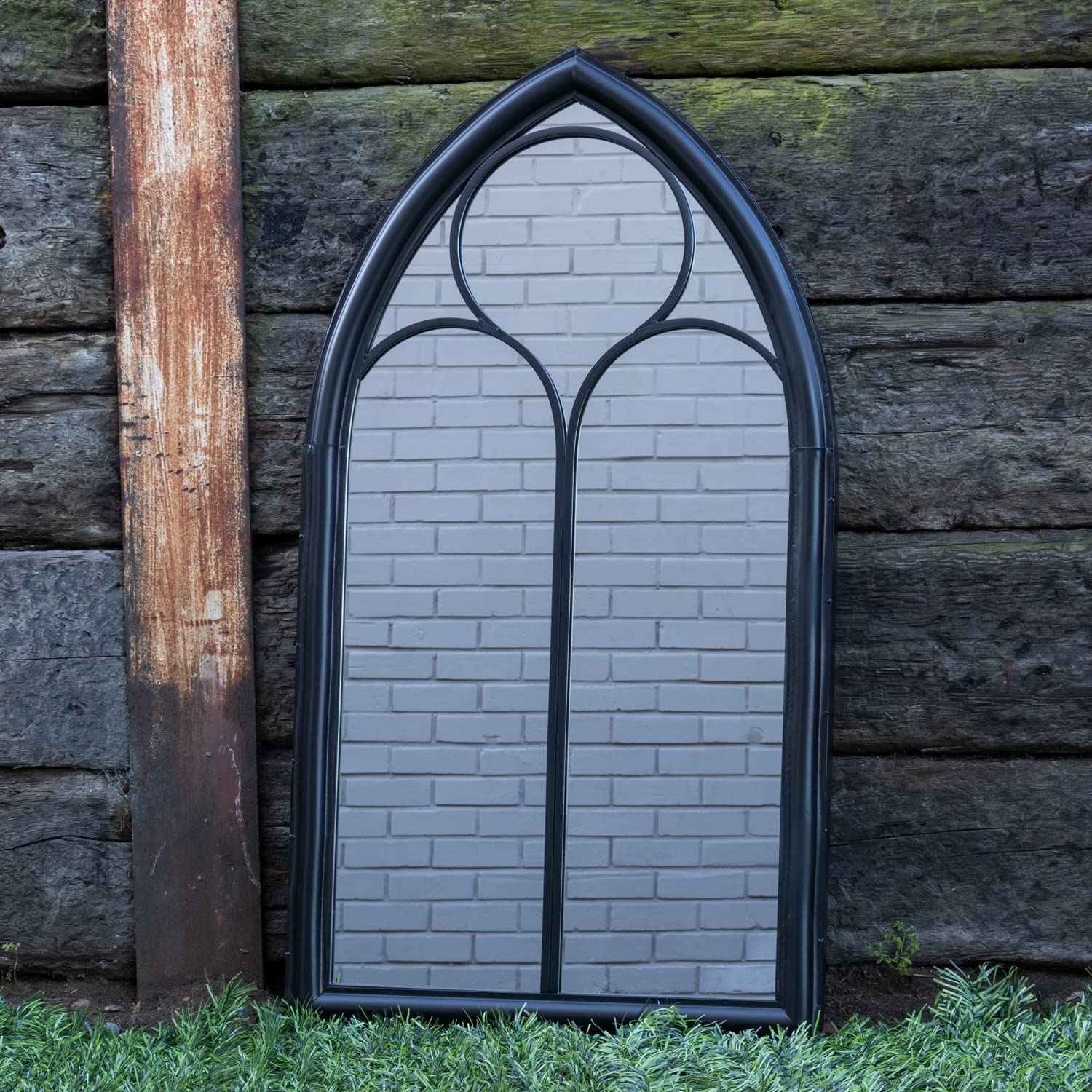 Woodside Falmer XL Decorative Outdoor Garden Arched Mirror, Black Rustic Metal, Height: 112cm x Width: 61cm