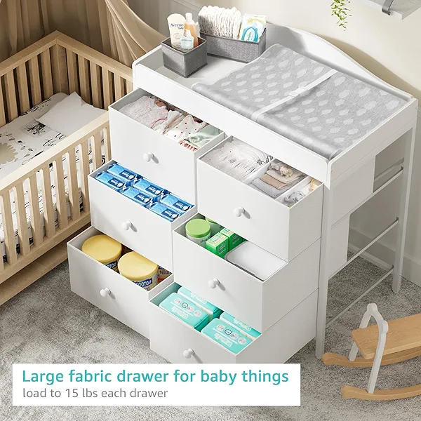 BOLUO Changing Table Dresser with 6 Fabric Drawers, Baby Dresser with Changing Table Top Diaper Changing Station with Storage for Nursery Modern