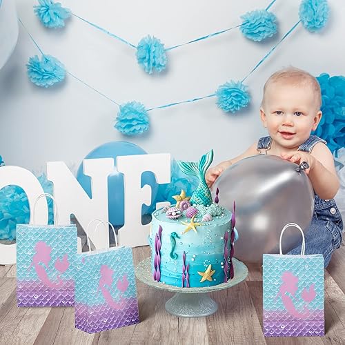 Miniatura 7 de Jectivs 16 bolsas de recuerdo de fiesta de cumpleaños de sirena, bolsas de regalo de papel kraft con asas para niños, suministros de fiesta de baby