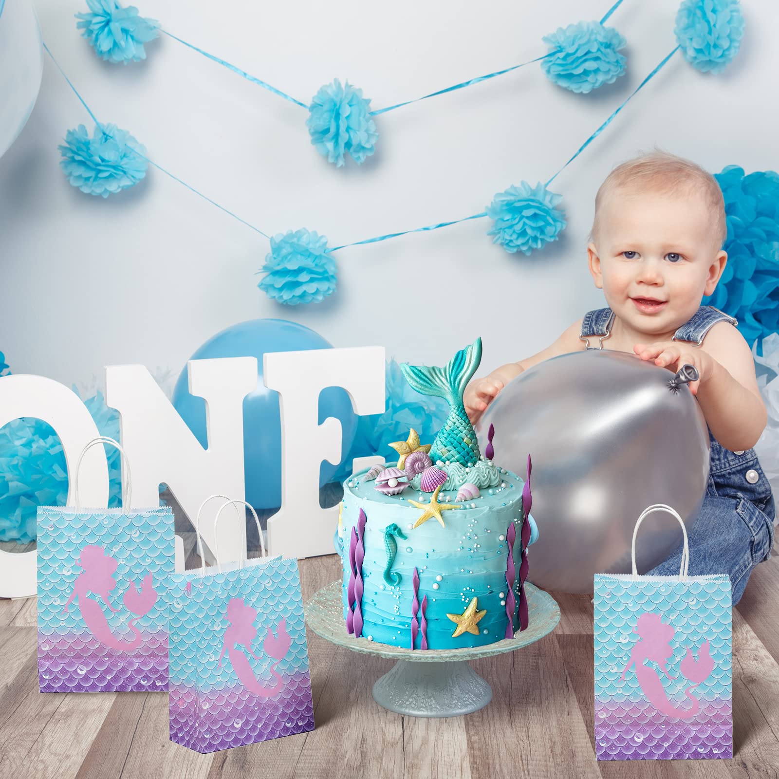 Jectivs 16 Piece Mermaid Birthday Party Favor Bags - Kraft Paper Gift Bags with Handles for Kids' Little Mermaid Themed Baby Shower Party Supplies