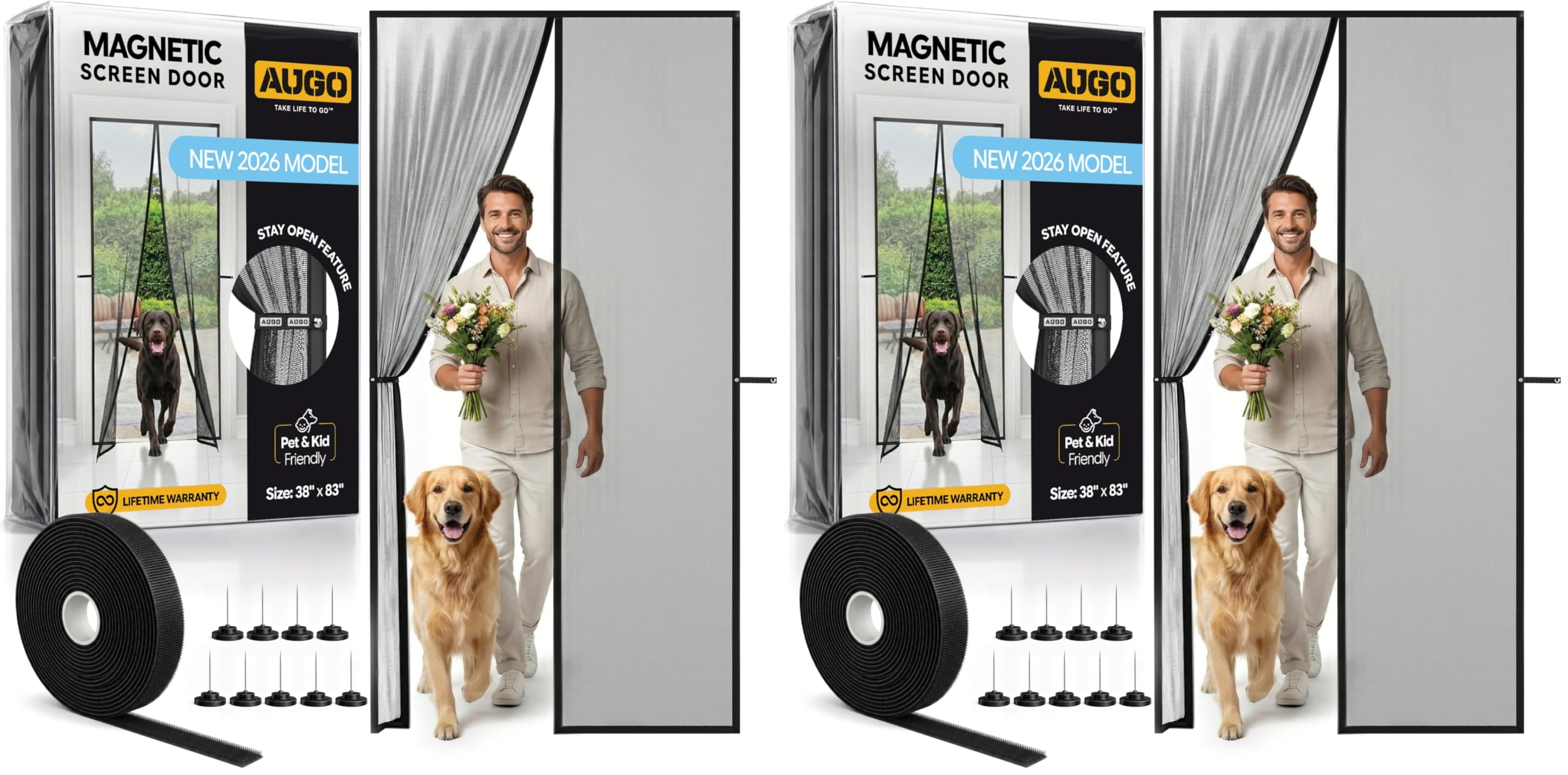 AUGO Magnetic Screen Door - Self Sealing, Heavy Duty, Hands Free Mesh Partition Keeps Bugs Out - Pet and Kid Friendly - Patent Pending Keep Open Feature - 38 Inch x 83 Inch (Pack of 2)