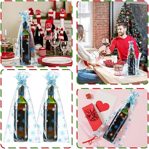 Miniatura 4 de Teling Juego de 160 bolsas de regalo para botellas de vino de Navidad, bolsas de celofán, incluye 80 bolsas de envoltura de vino y 80 lazos para
