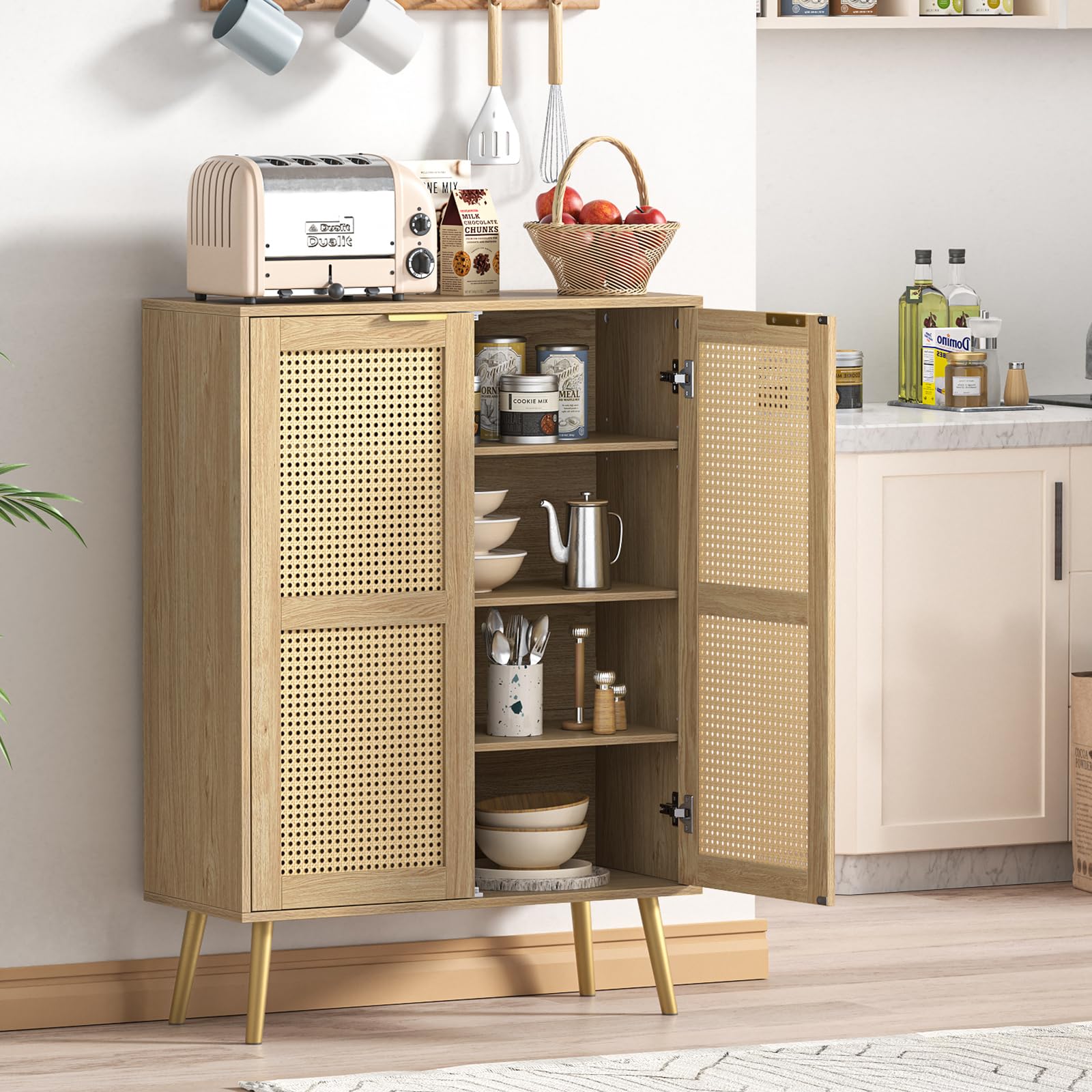 Küchenschrank mit Arbeitsplatte, Rattan Sideboard Schrank für Esszimmer, Küche, Wohnzimmer, Flur, Holz Buffetschrank 80 cm Breit, Aufbewahrungsschrank mit Türen, Kaffeebar 80 x 31x112 cm