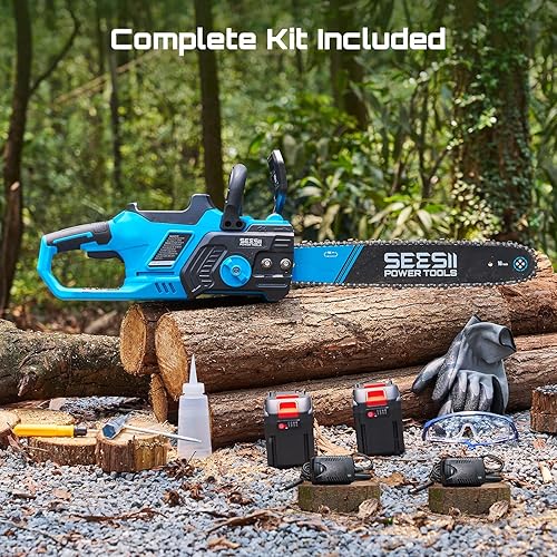 Miniatura 9 de SEESII Motosierra inalámbrica de 40 V y 16 pulgadas sierras de cadena eléctricas sin escobillas con 2 baterías de 4.0 Ah y cargador, tensión de