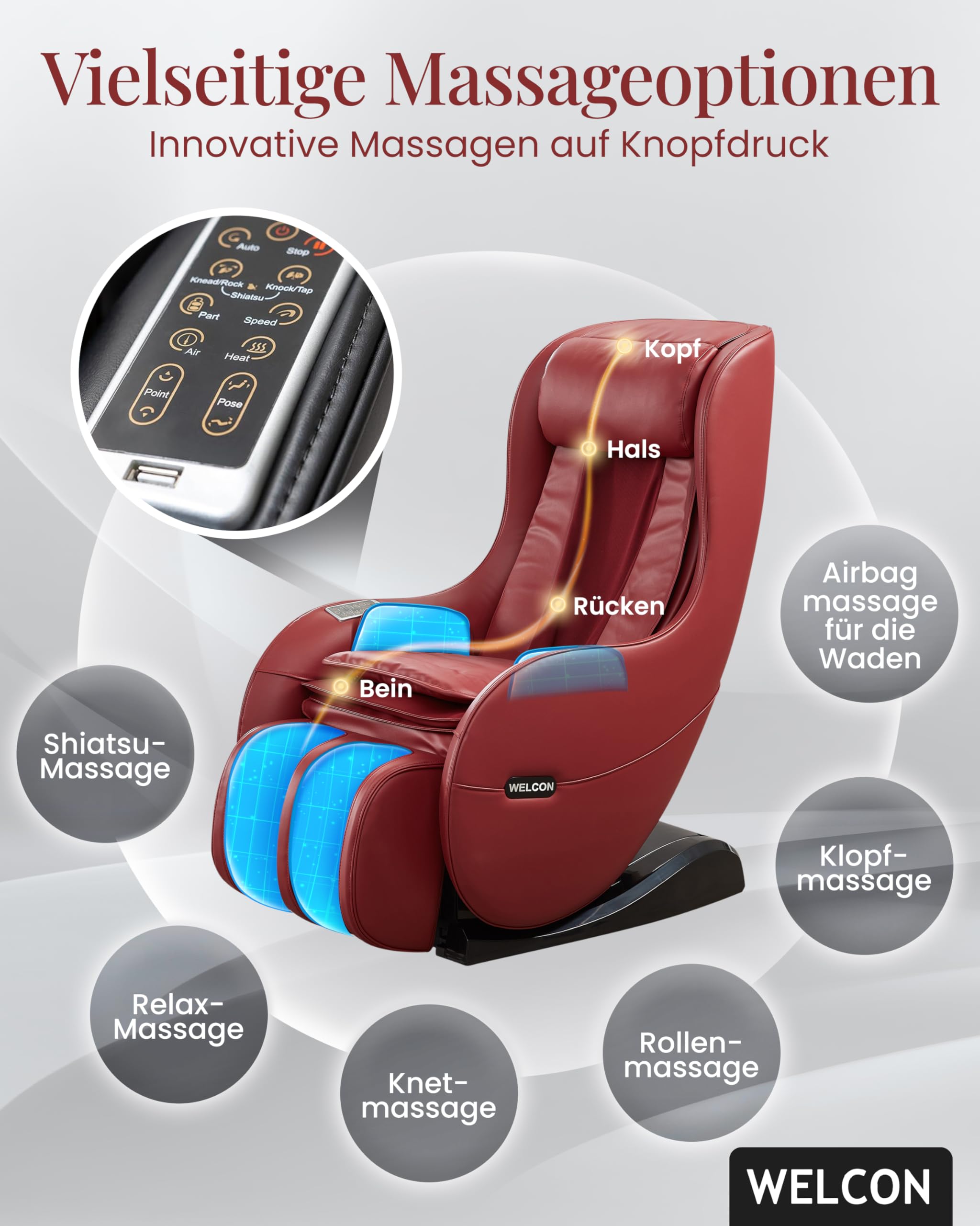 WELCON EASYRELAXX Massagesessel Rot mit L-Shape, Knet- & Klopfmassage