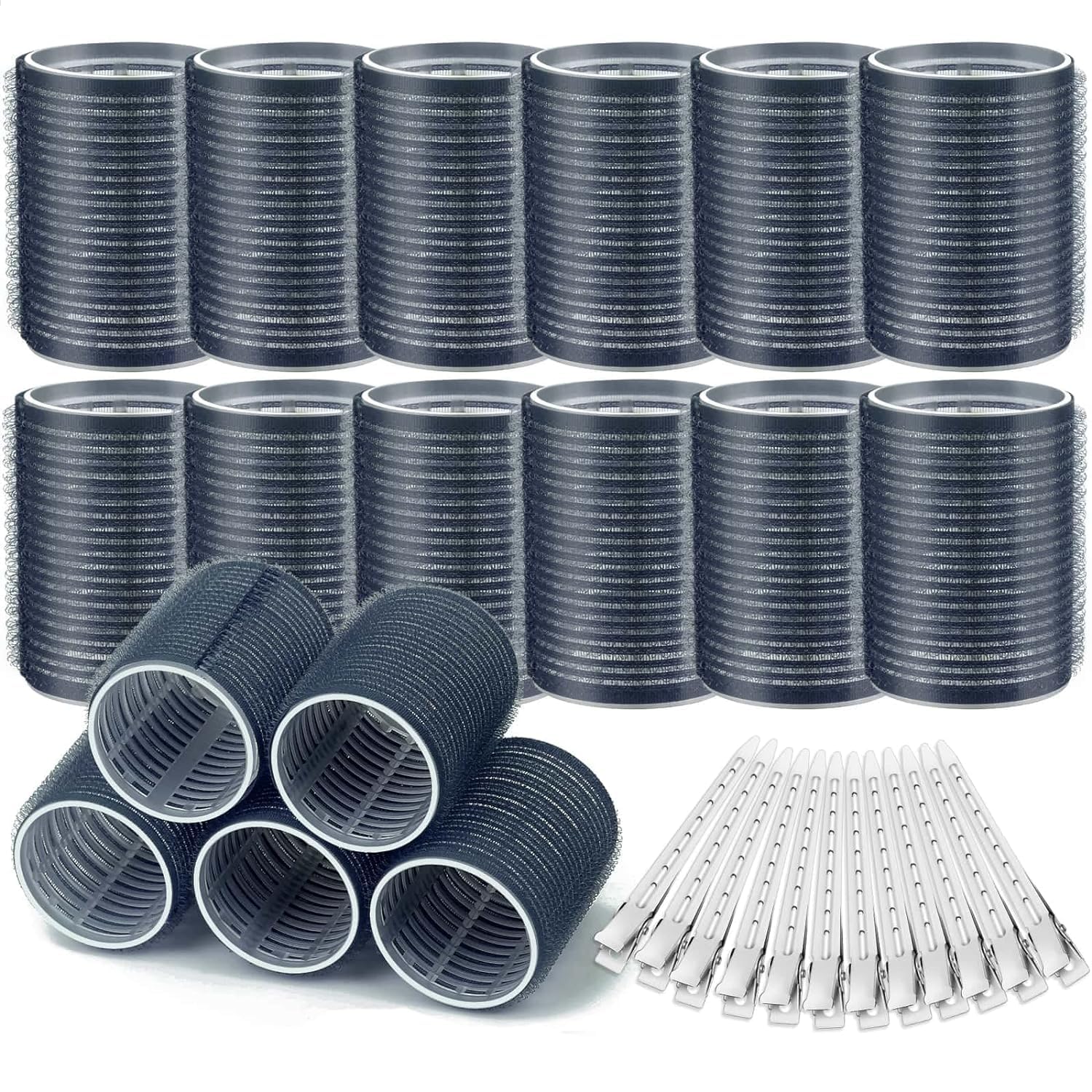 Kriviya Hair Curlers Rollers, 6Pcs Big Hair Rollers Self Grip Holding Curlers with 12Pcs Stainless Steel Duckbill Clips for Long Medium Short Thick Fine Thin Hair Bangs Volume (Black)