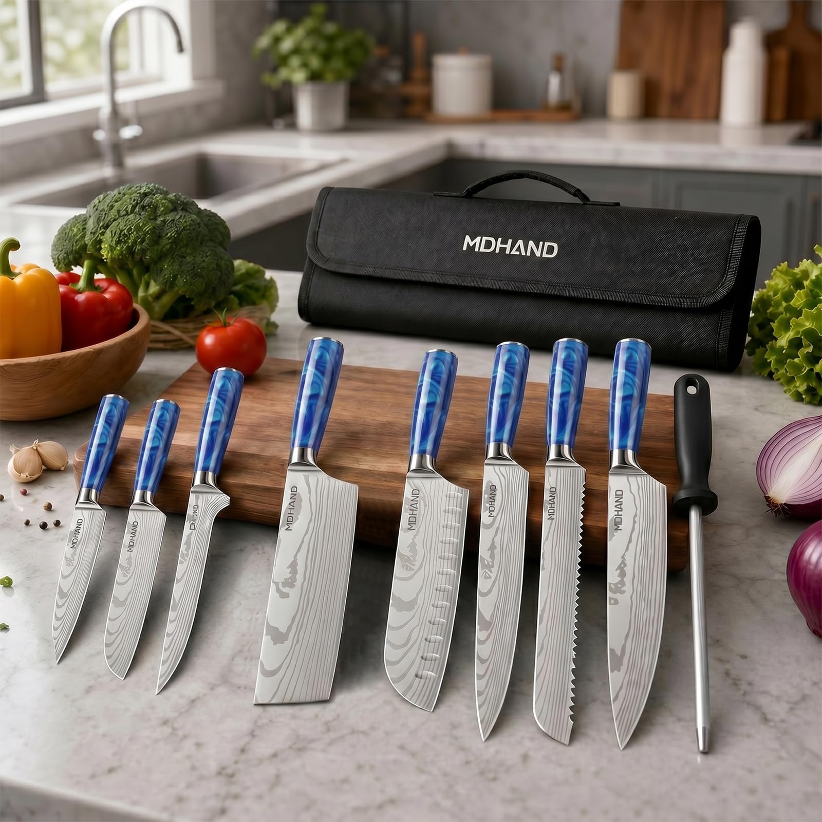 MDHAND Set de Couteaux de Cuisine, 8 pièces couteau cuisine professionnelle avec étui à roulettes, acier inoxydable à haute teneur en carbone extrêmement tranchant Ensemble de couteaux de cuisine